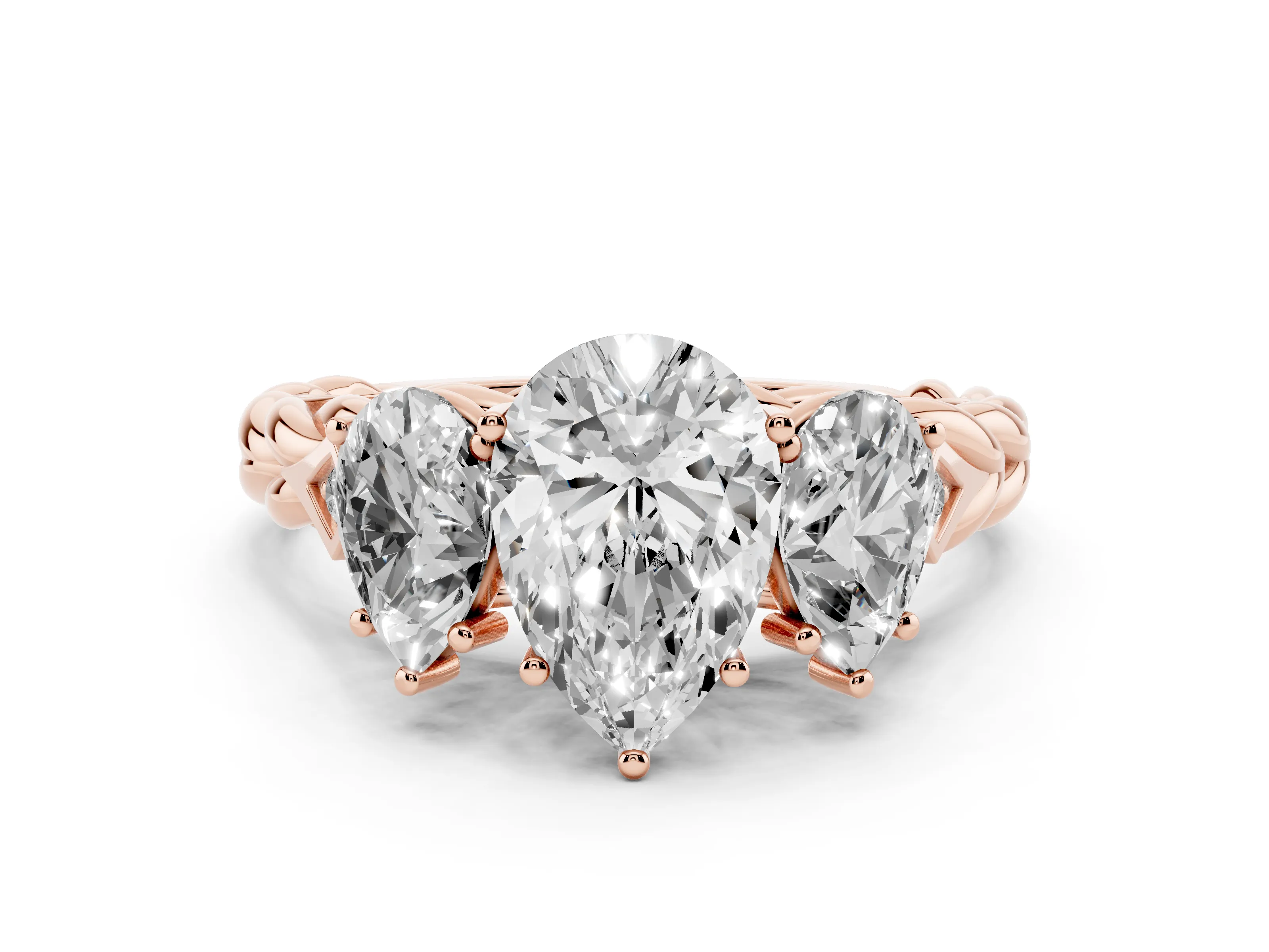 Pear Cut Diamond Three-Stone Ring Set in Rose gold with Braided Band