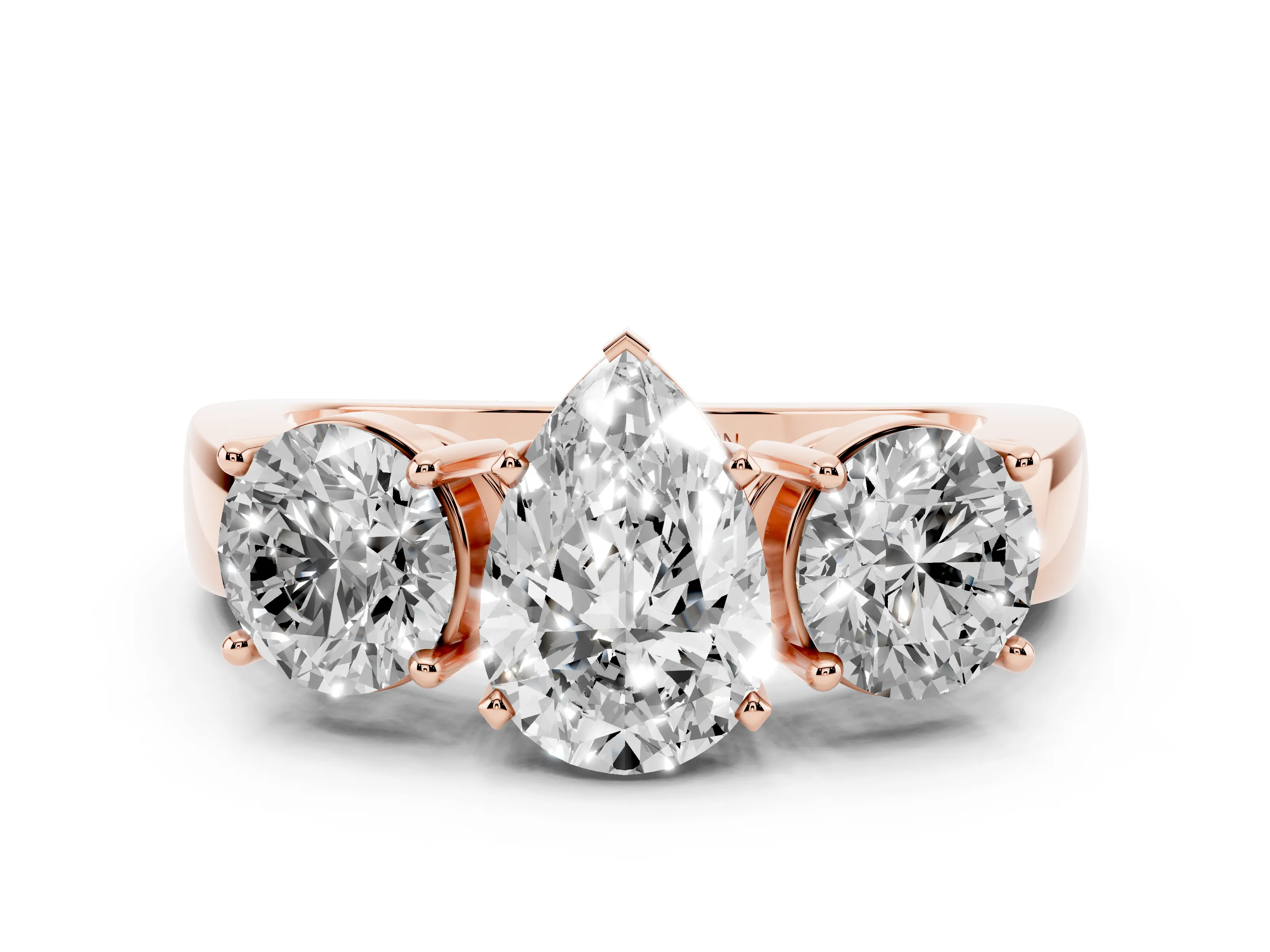 Pear Cut Diamond Three-Stone Ring Set in Rose gold with Round Side Stones and Classic Band