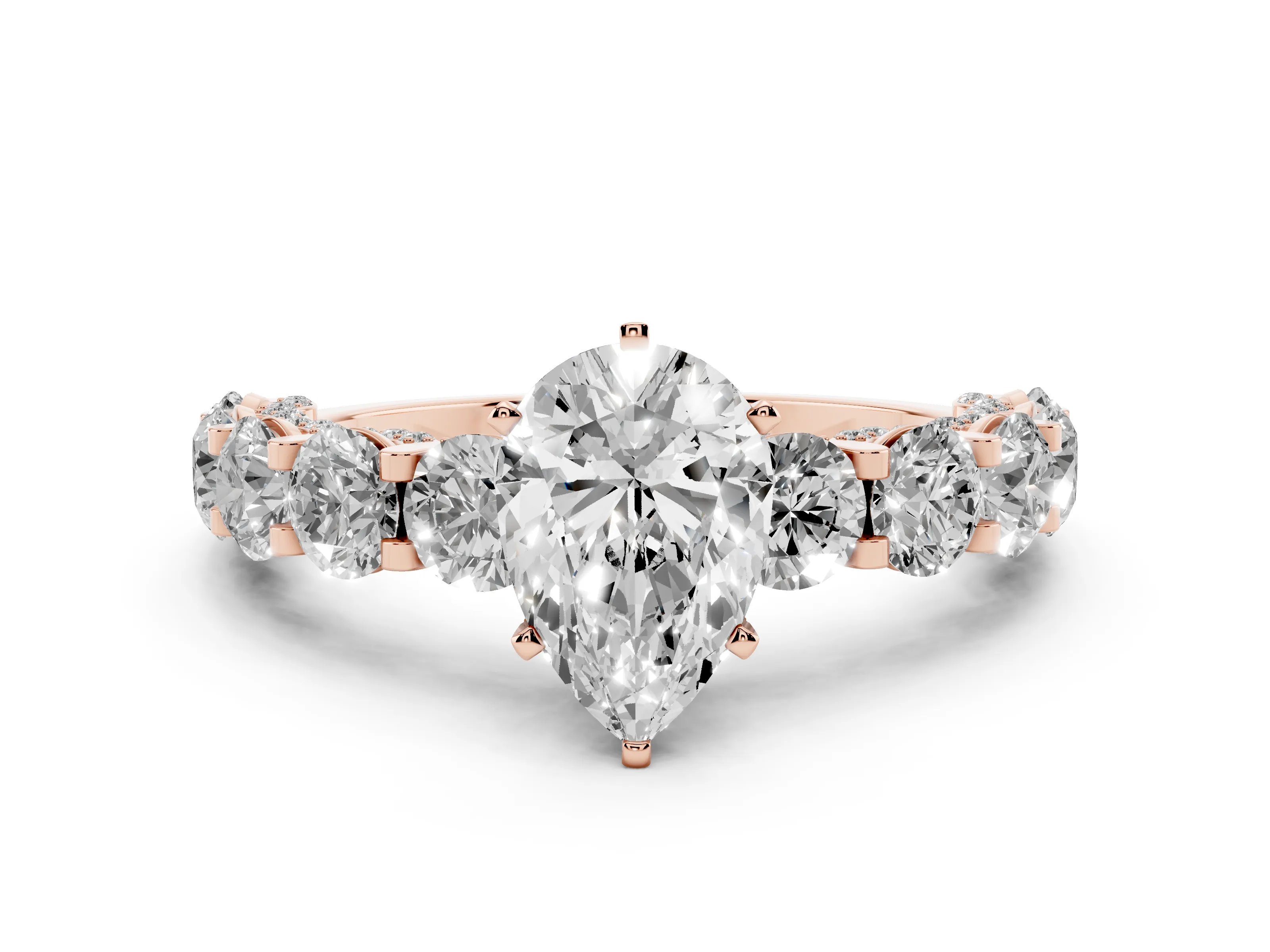 Pear Cut Diamond Side Stone Ring Set in Rose gold with Alternating Round and Oval Side Stones