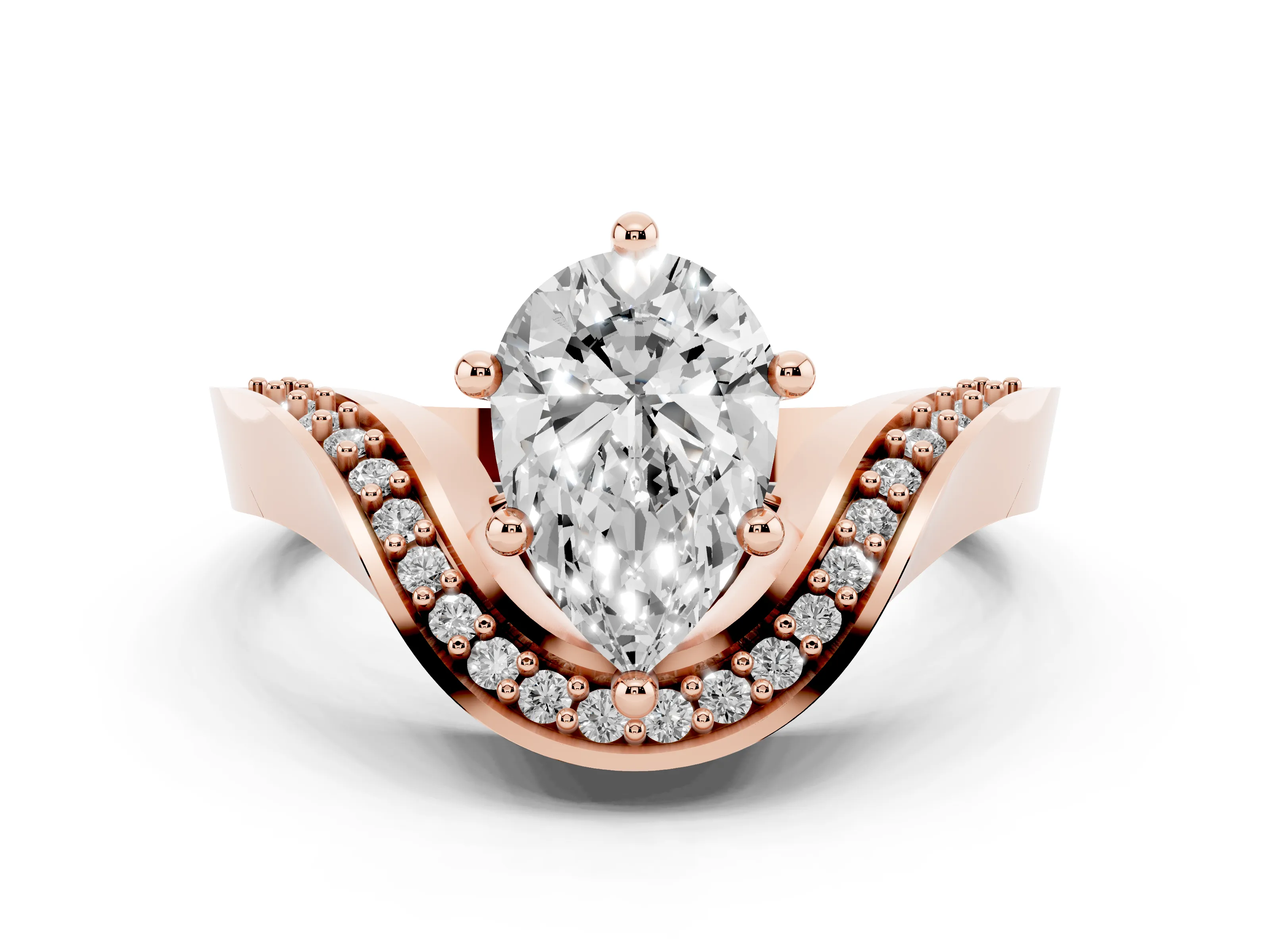 Pear Cut Diamond Solitaire Engagement Ring Set in Rose gold with Pavé Shoulders