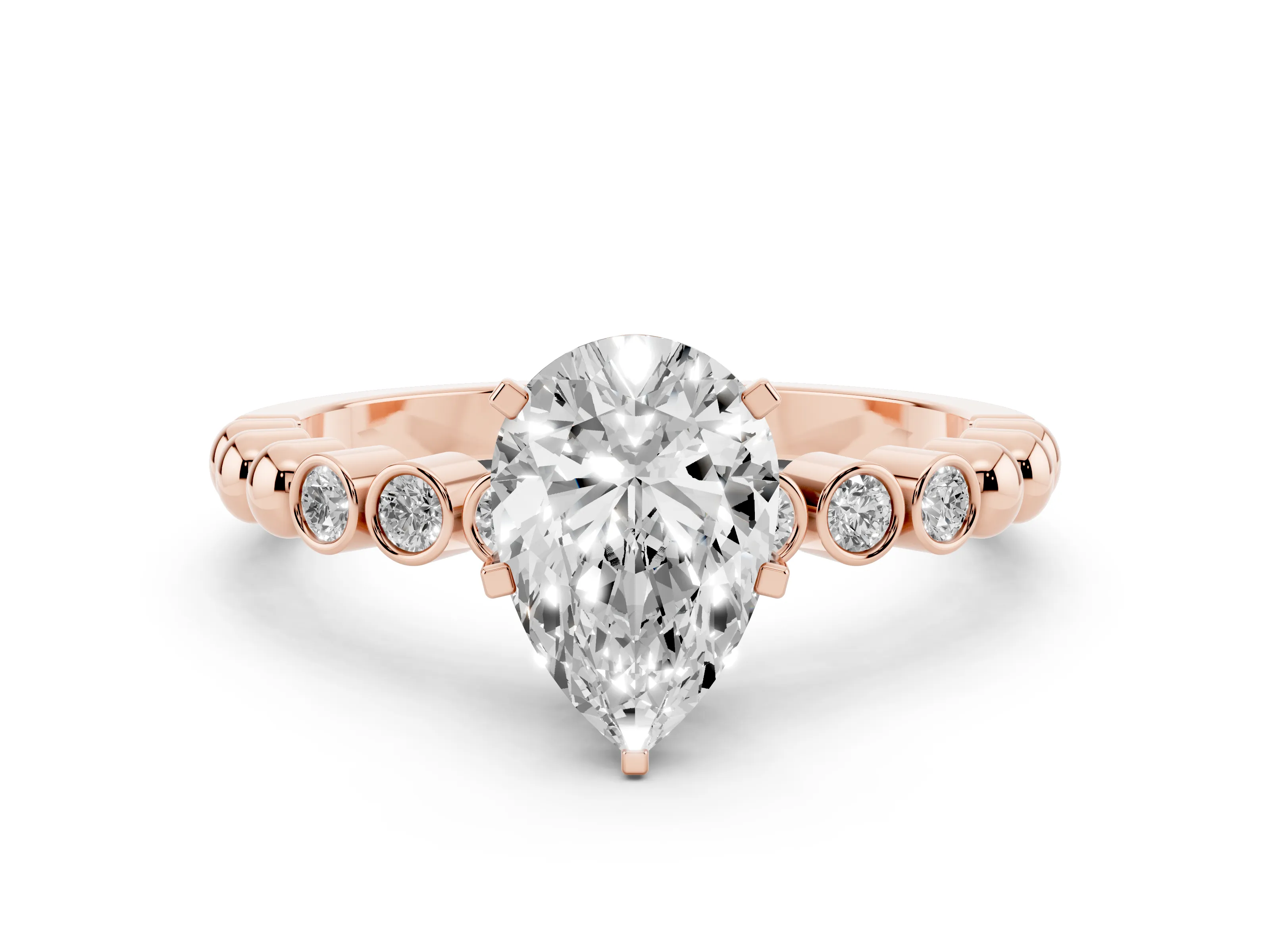 Pear Cut Diamond Solitaire Engagement Ring Set in Rose gold with Bezel Accents on Beaded Band