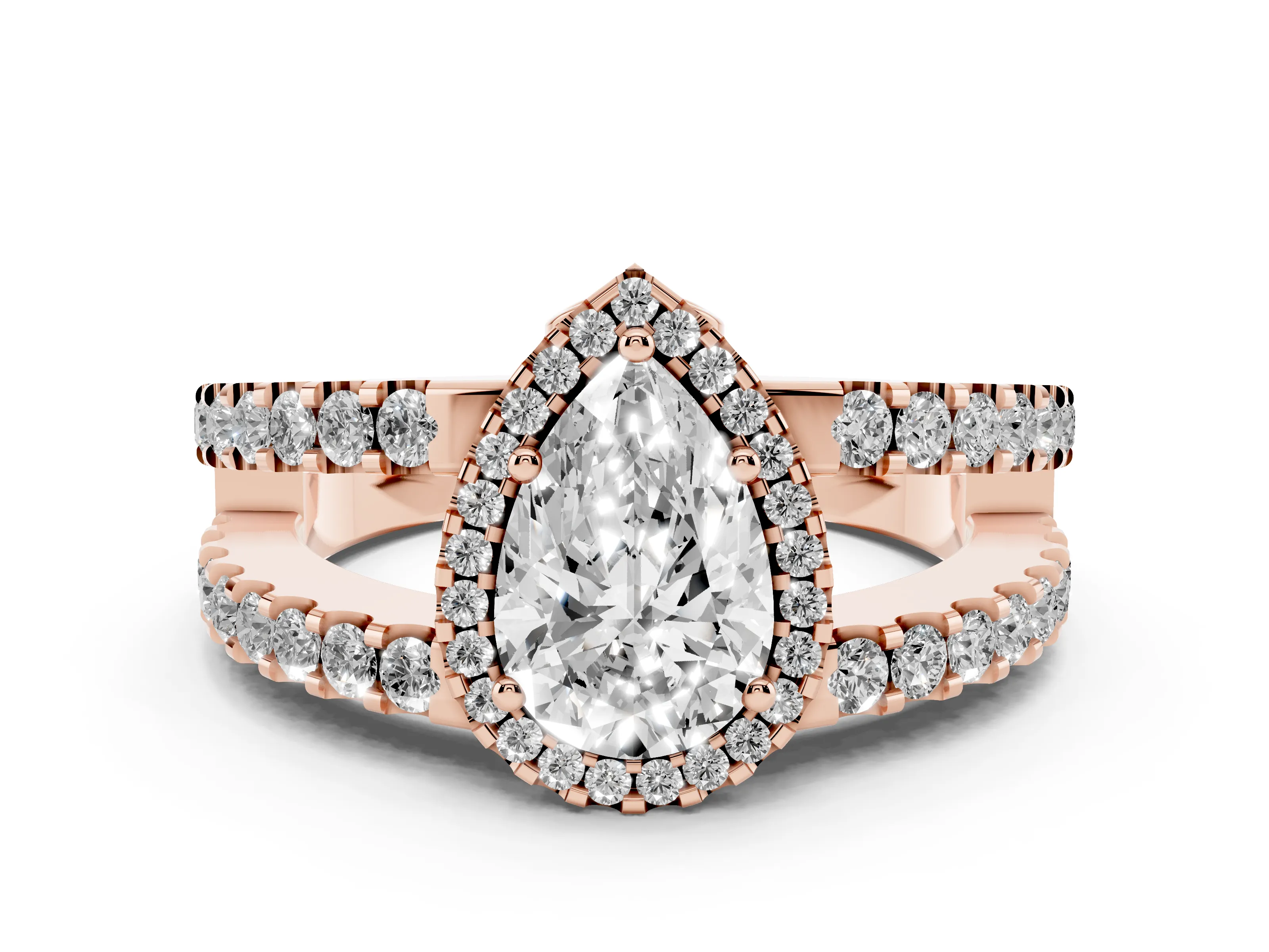 Pear Cut Diamond Halo Ring Set in Rose gold with Pavé Split Shank and Prong Setting