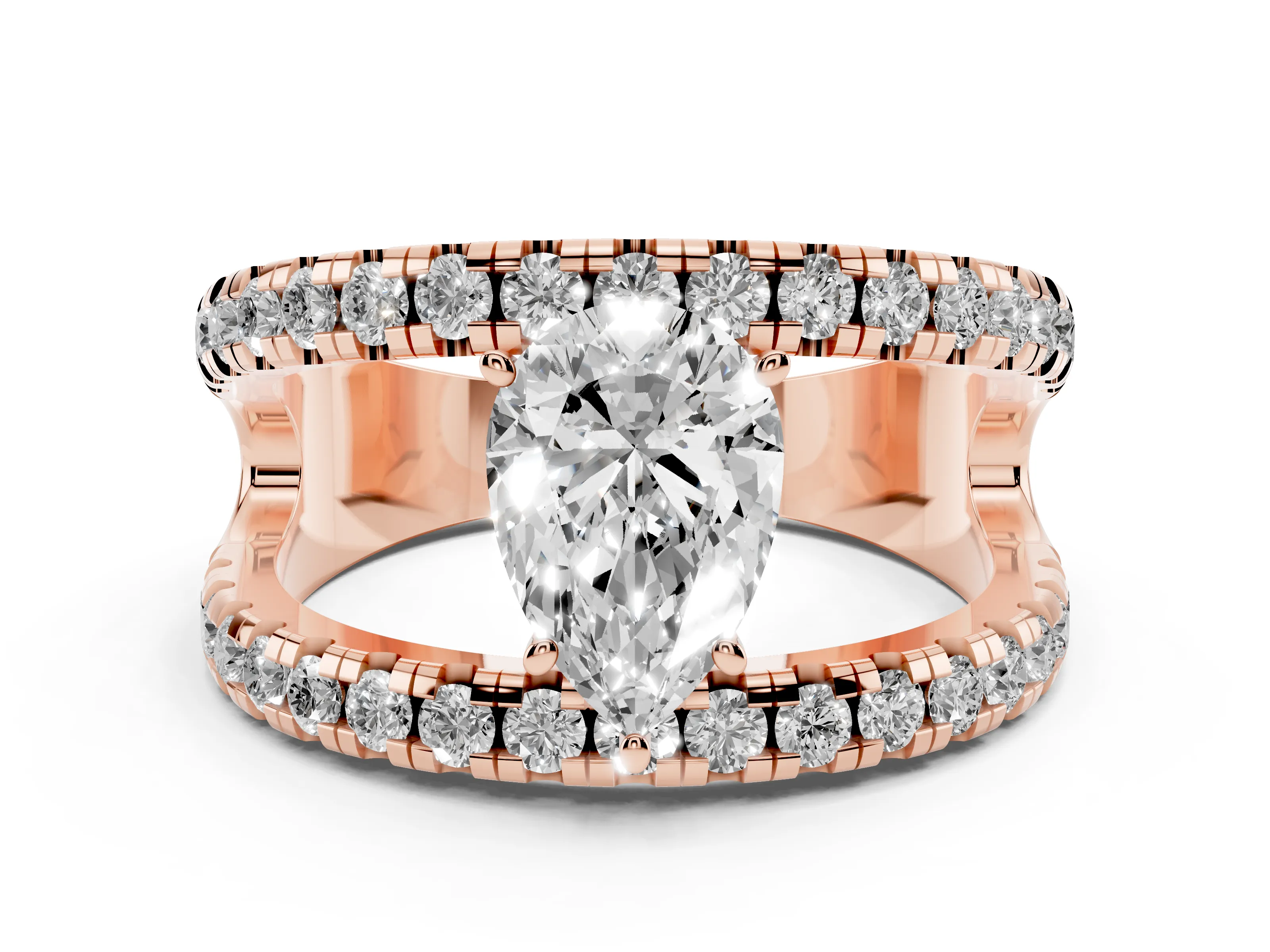 Pear Cut Diamond Split Shank Pavé Solitaire Ring Set in Rose gold with Open Shank Design