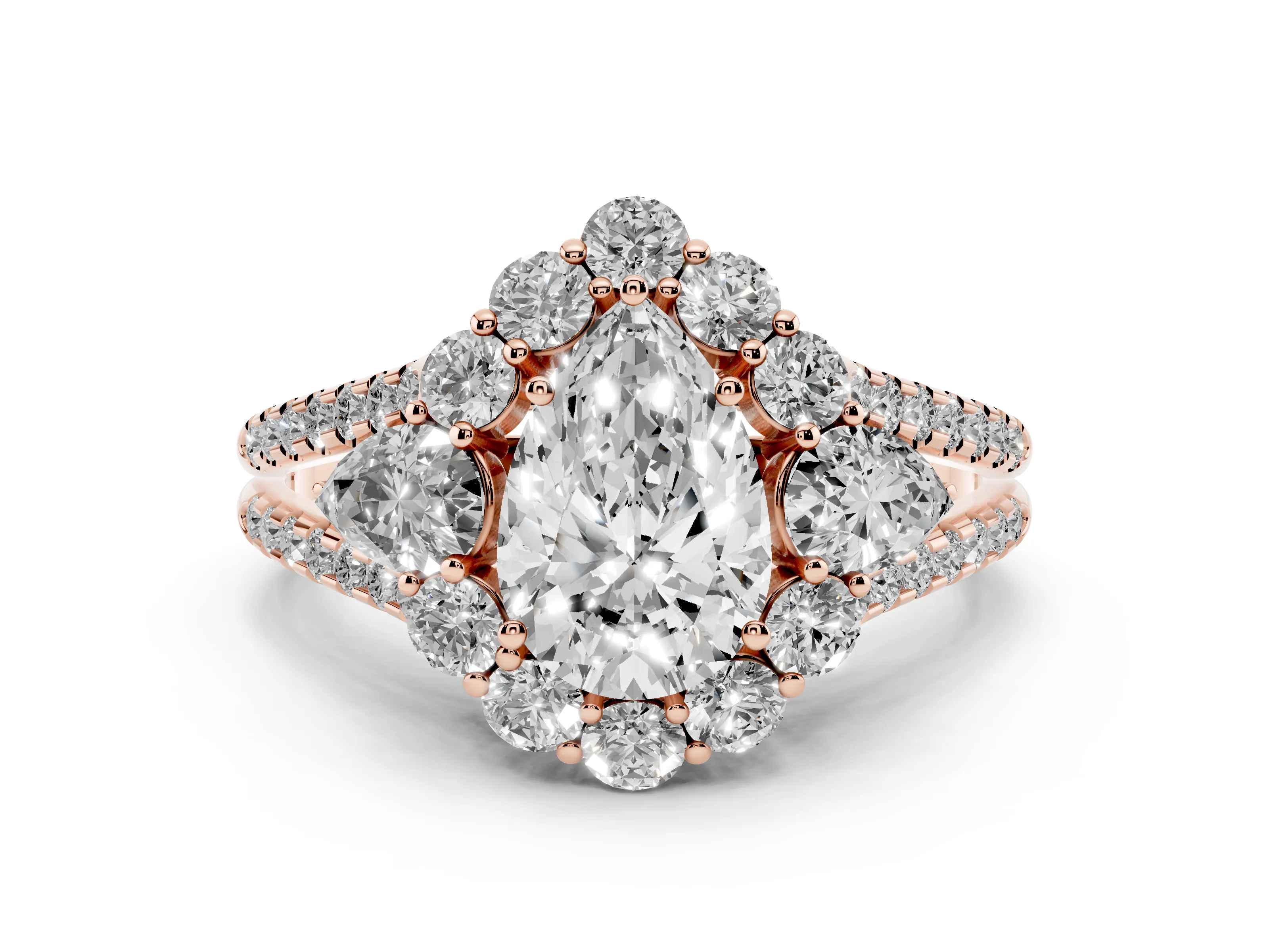 Pear Cut Diamond Halo Split Shank Engagement Ring Set in Rose gold with Prong-Held Center Stone