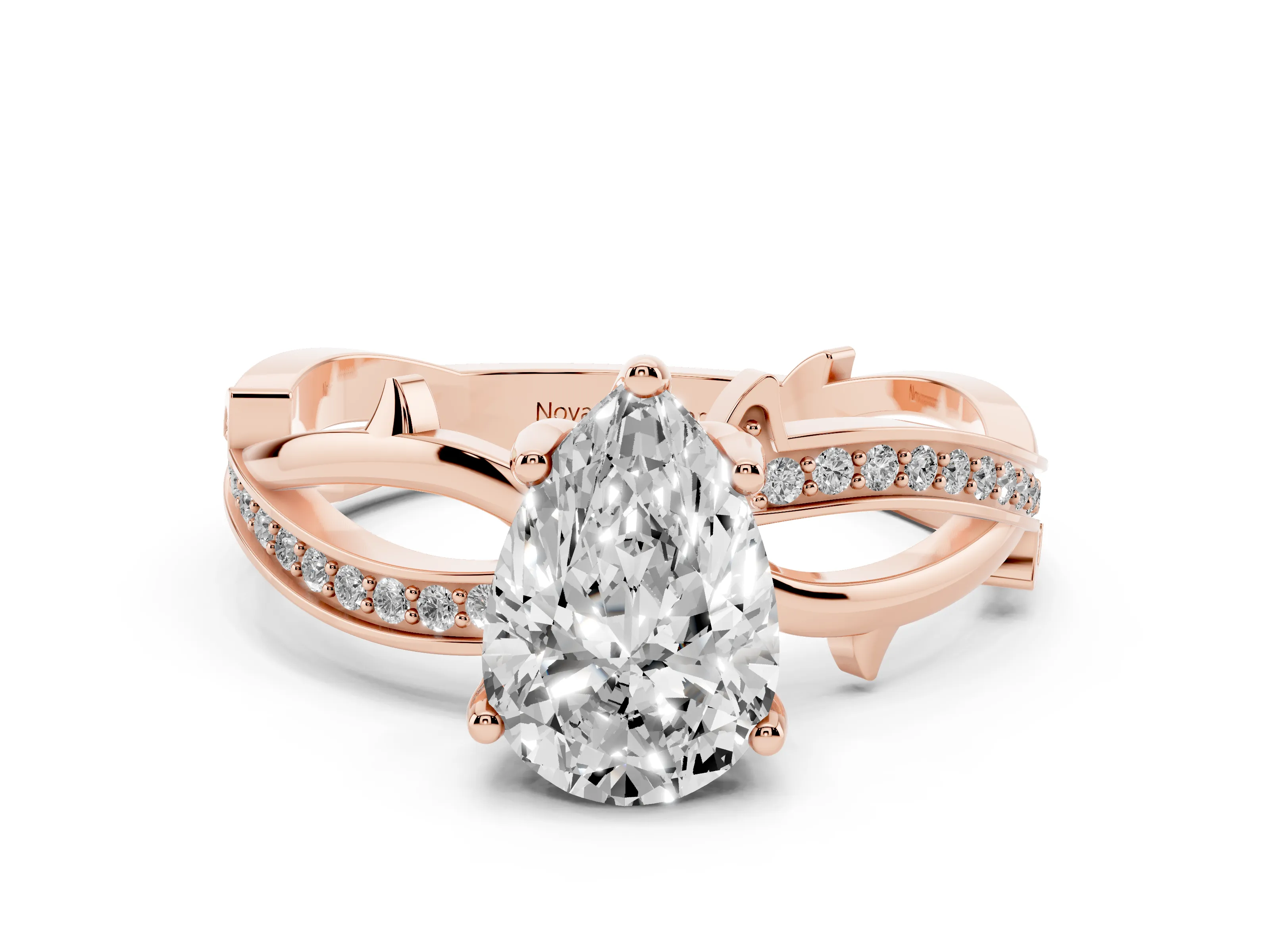 Pear Cut Diamond Pavé Twist Band Solitaire Ring Set in Rose gold with Prong Setting