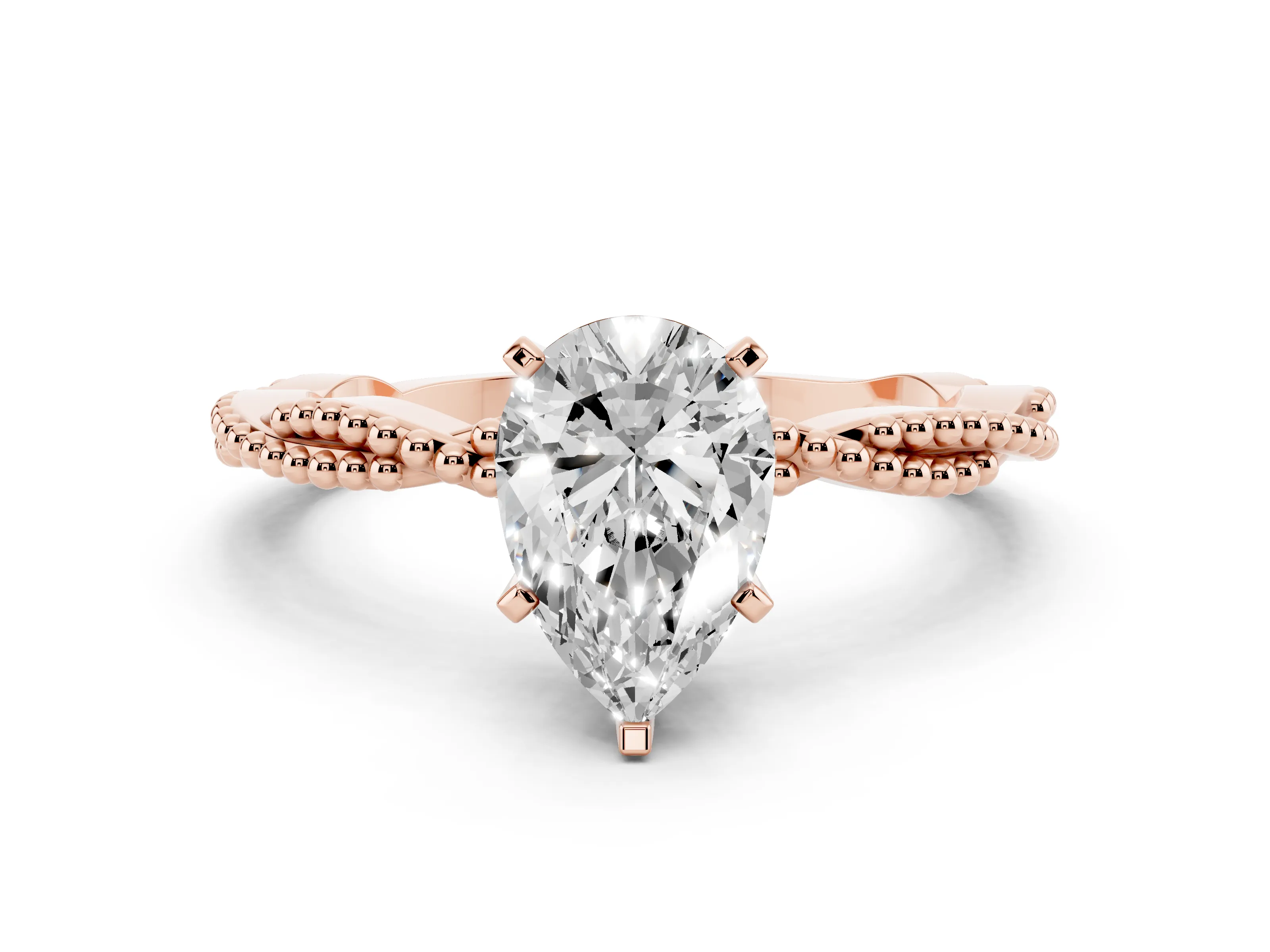 Pear Cut Diamond Solitaire Ring Set in Rose gold with Twisted Band and Bead Prong Setting