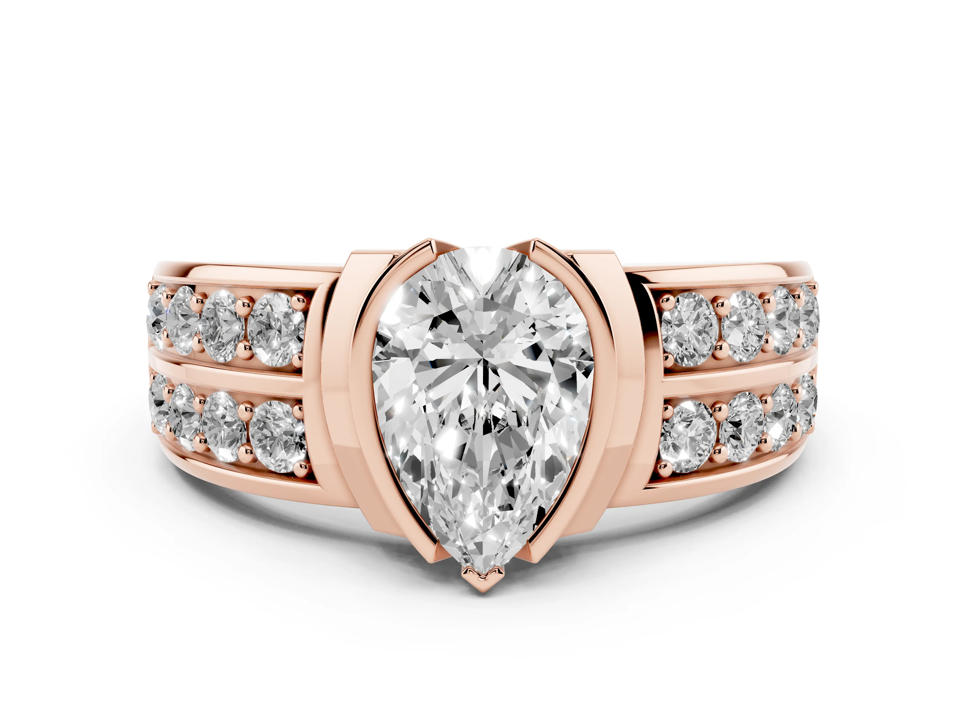 Pear Cut Diamond Wide Channel Set Band Ring Set in Rose gold with Bezel Setting