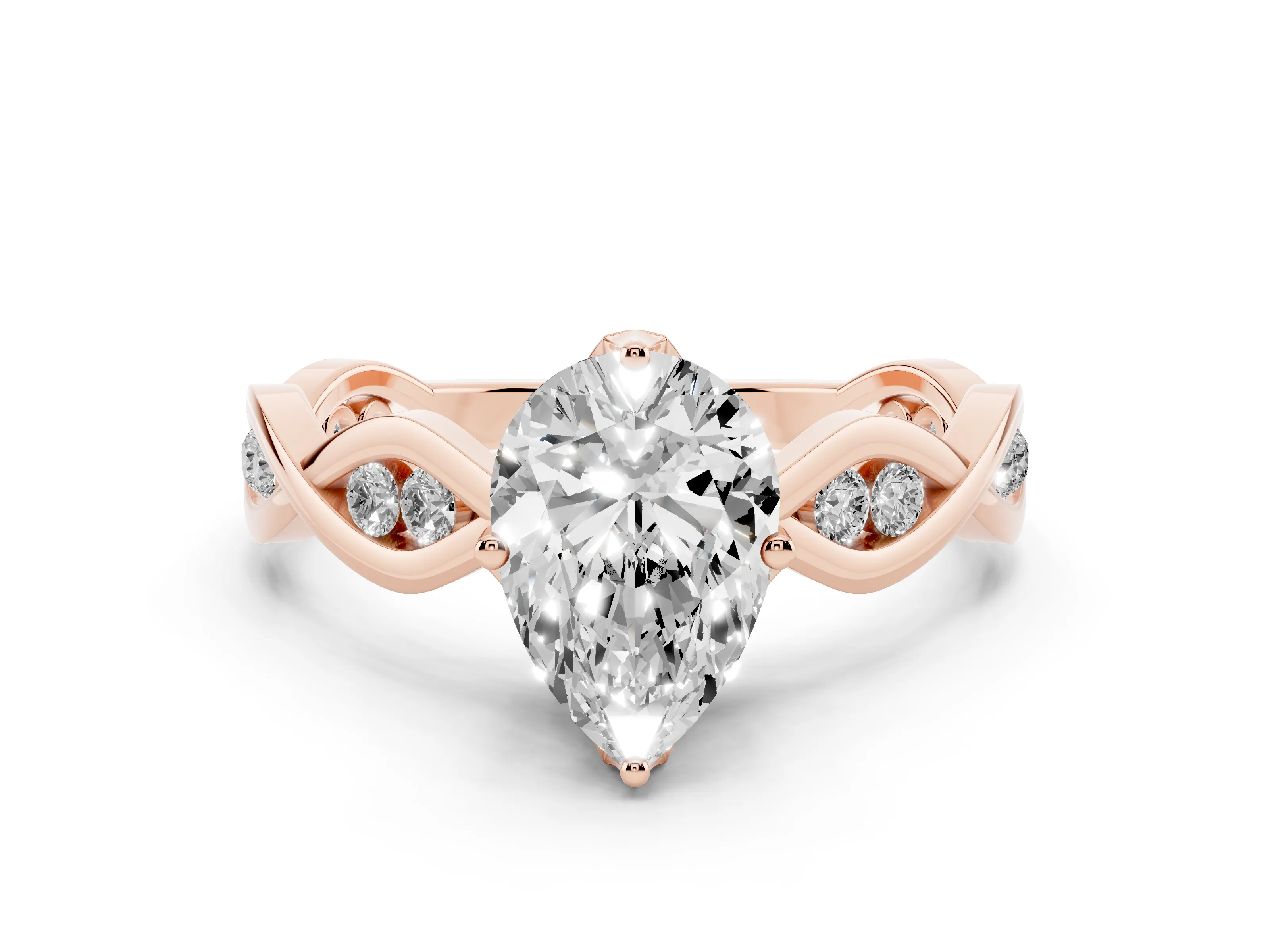 Pear Cut Diamond Twist Band Solitaire Ring Set in Rose gold with Leaf Prong Setting and Accent Stones