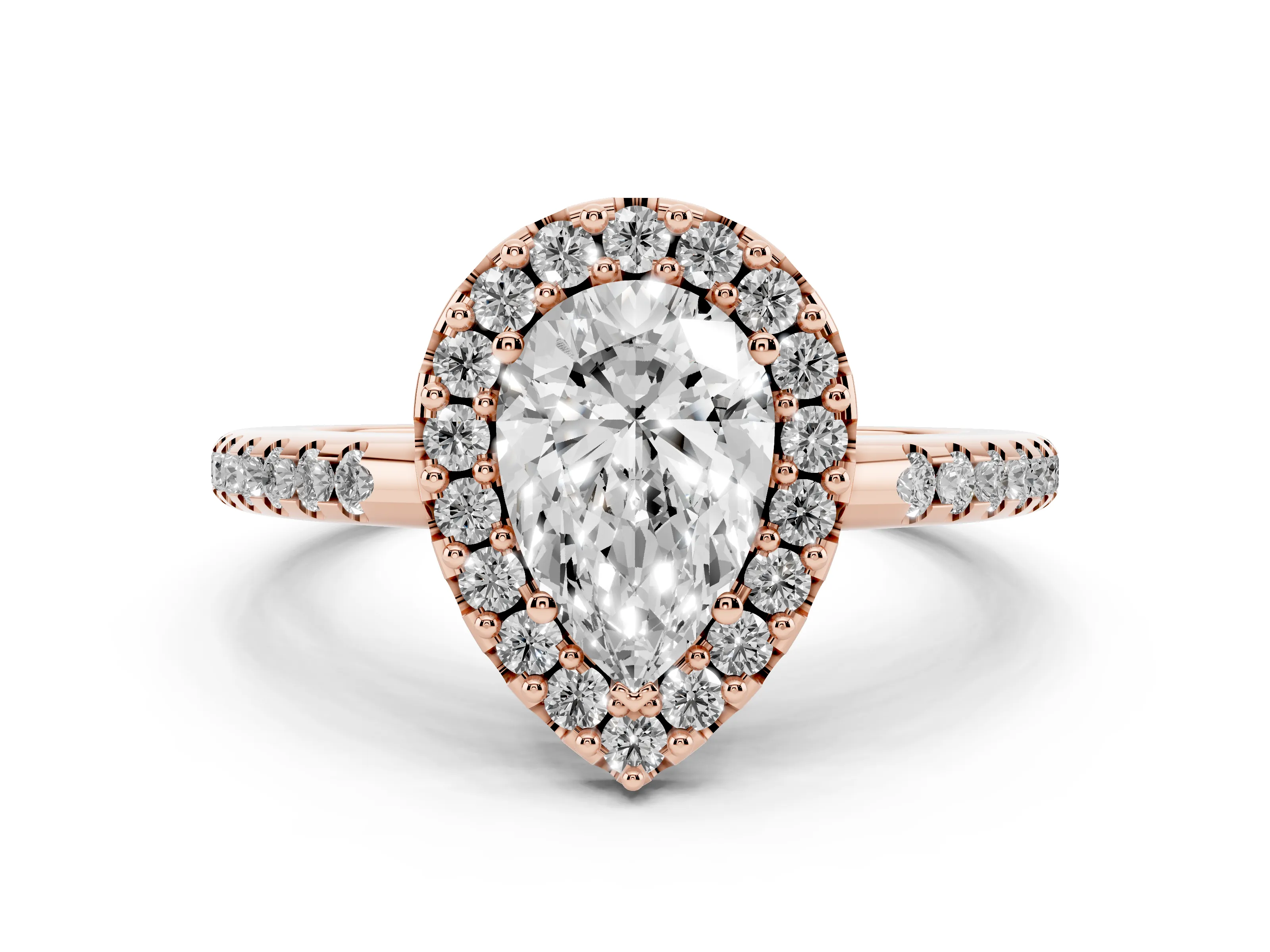 Pear Cut Diamond Pavé Halo Ring Set in Rose gold with Prong Setting