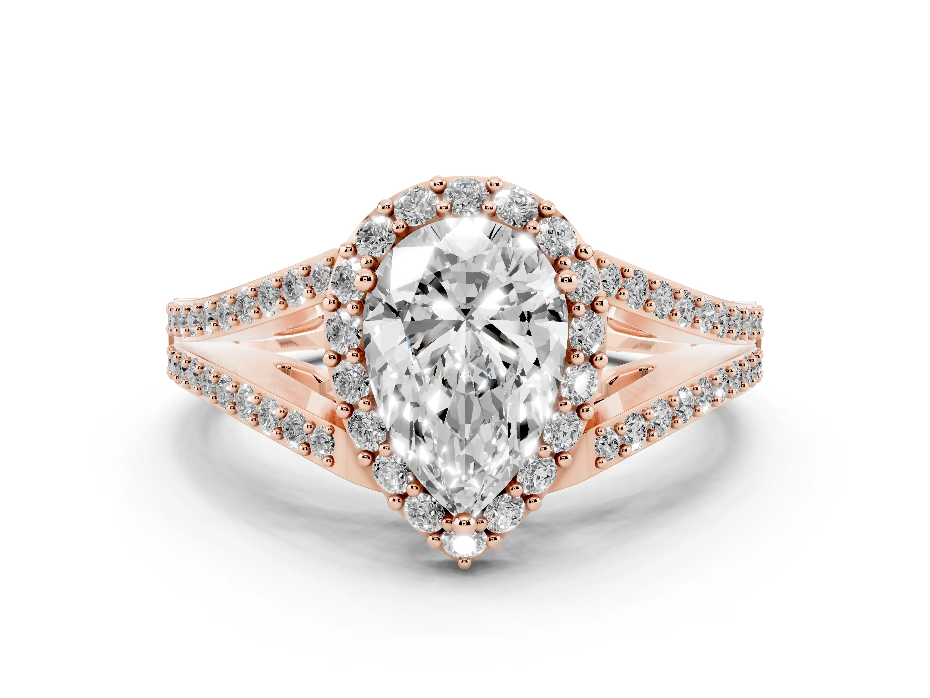Pear Cut Diamond Halo Split Shank Pavé Ring Set in Rose gold with Prong Setting