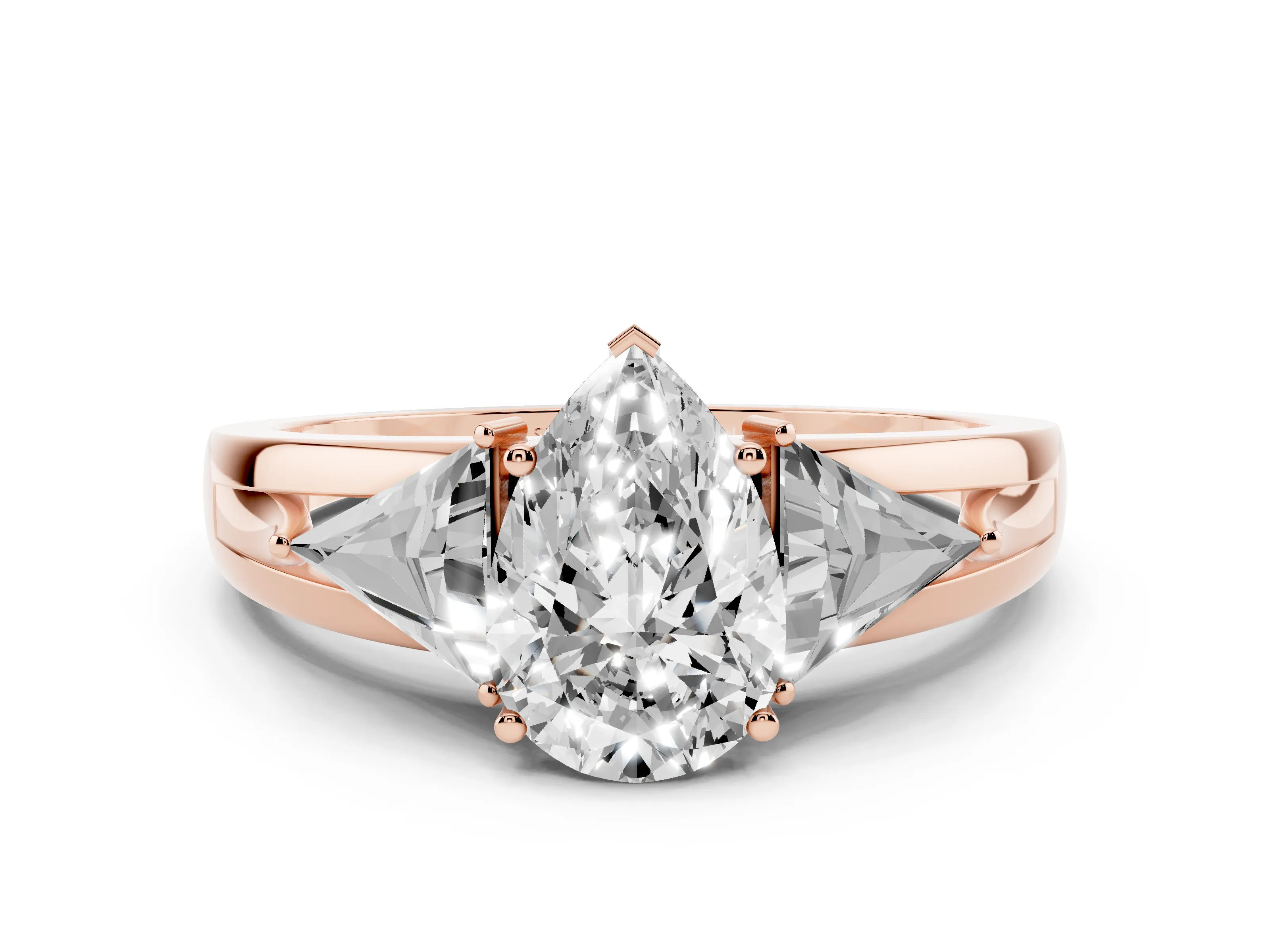 Pear Cut Diamond Three-Stone Ring Set in Rose gold with Trillion Side Stones and Split Shank