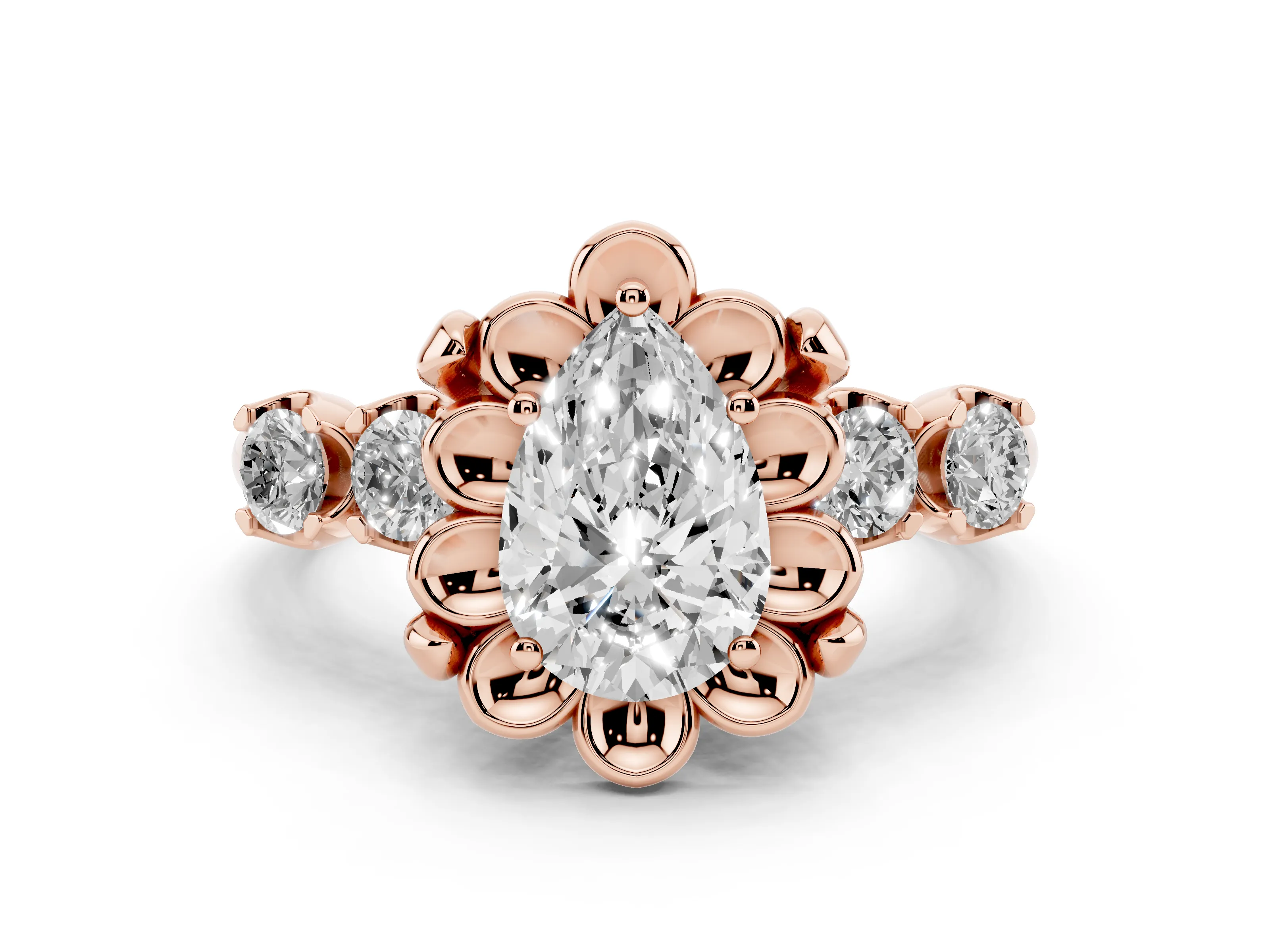 Pear Cut Diamond Floral Halo Ring Set in Rose gold with Shared Prong Band