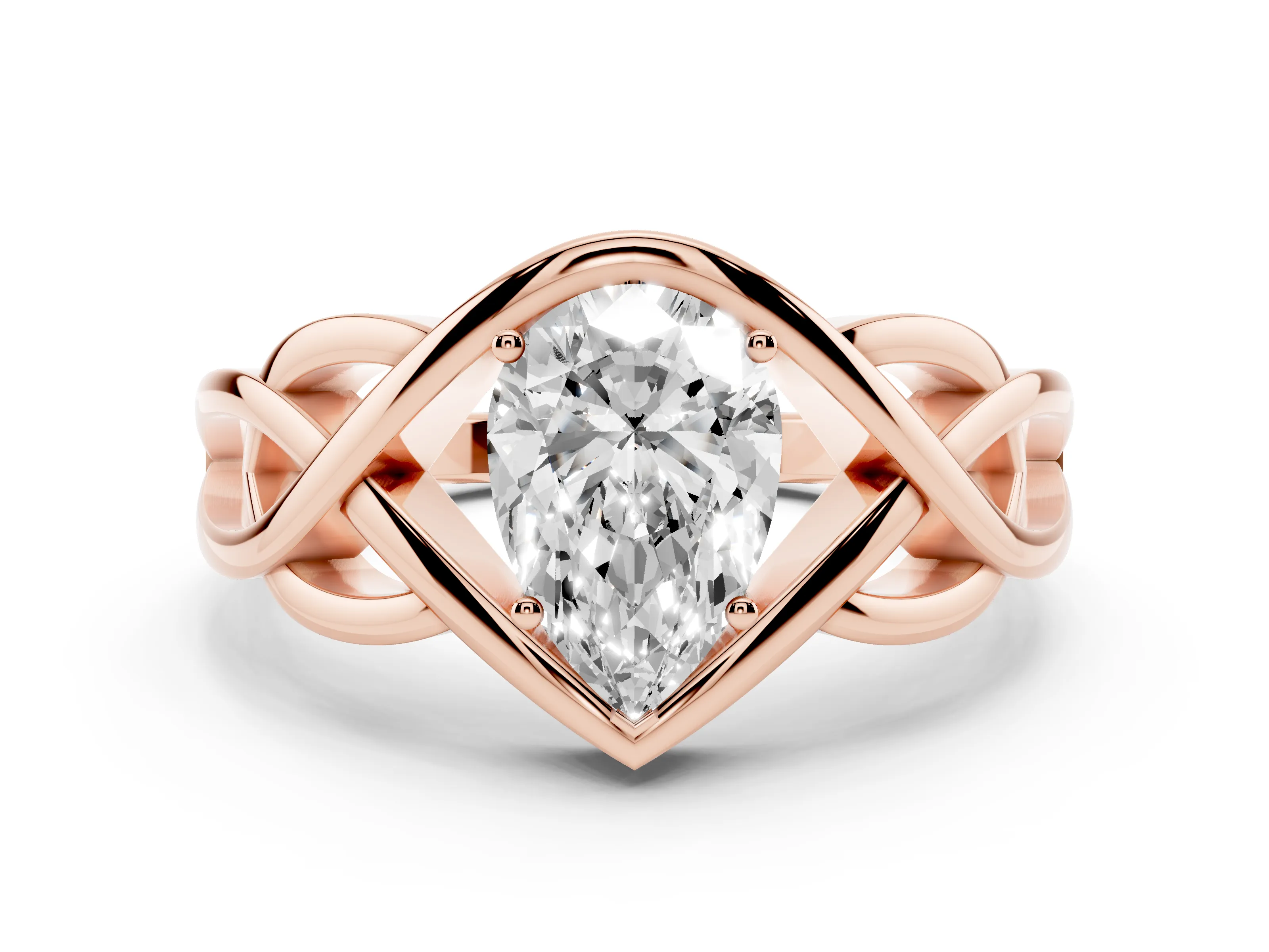 Pear Cut Diamond Solitaire Ring Set in Rose gold with Intertwined Band