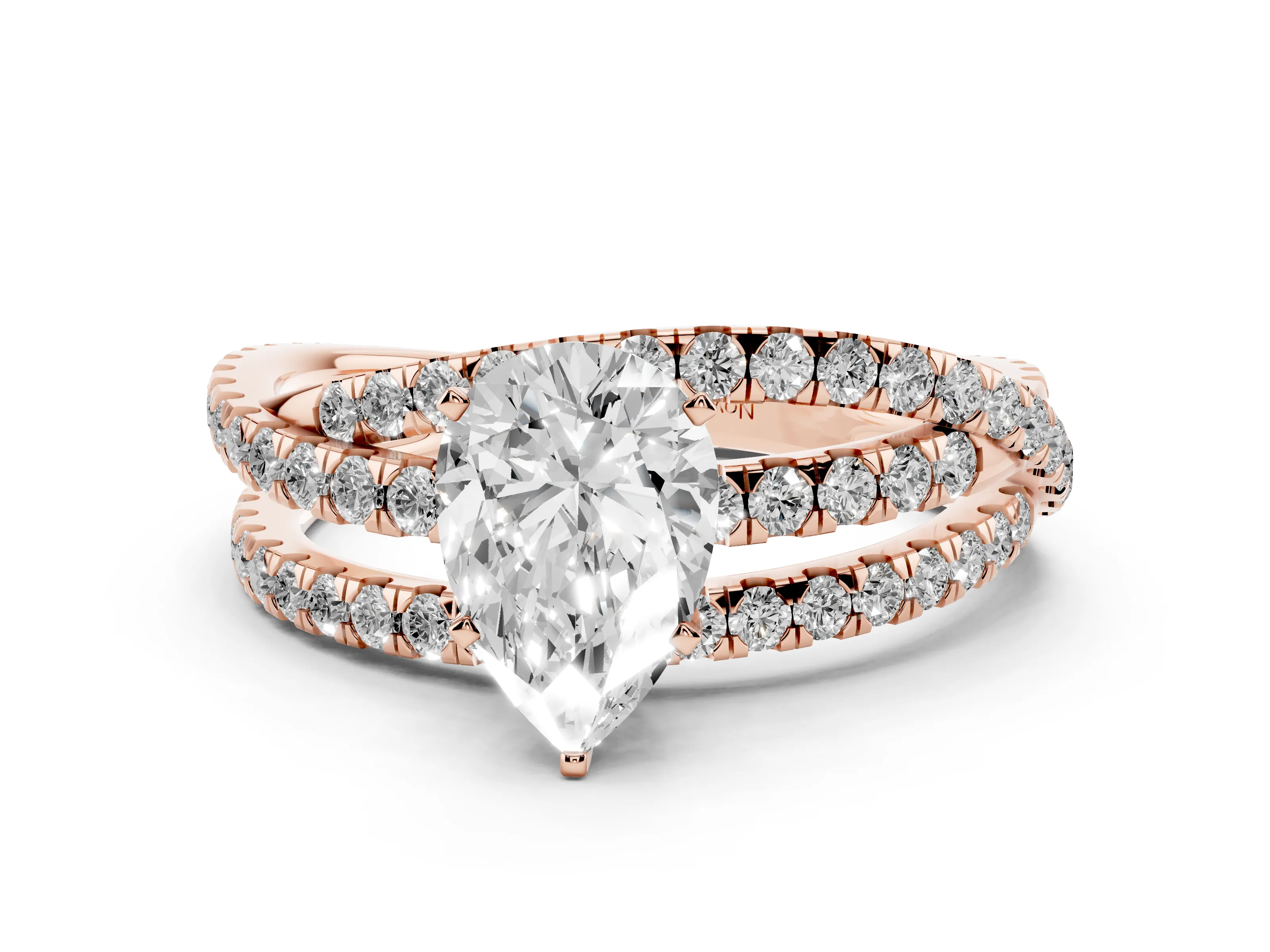 Pear Cut Diamond Solitaire Twist Band Ring Set in Rose gold with Pavé Setting and Prong Head