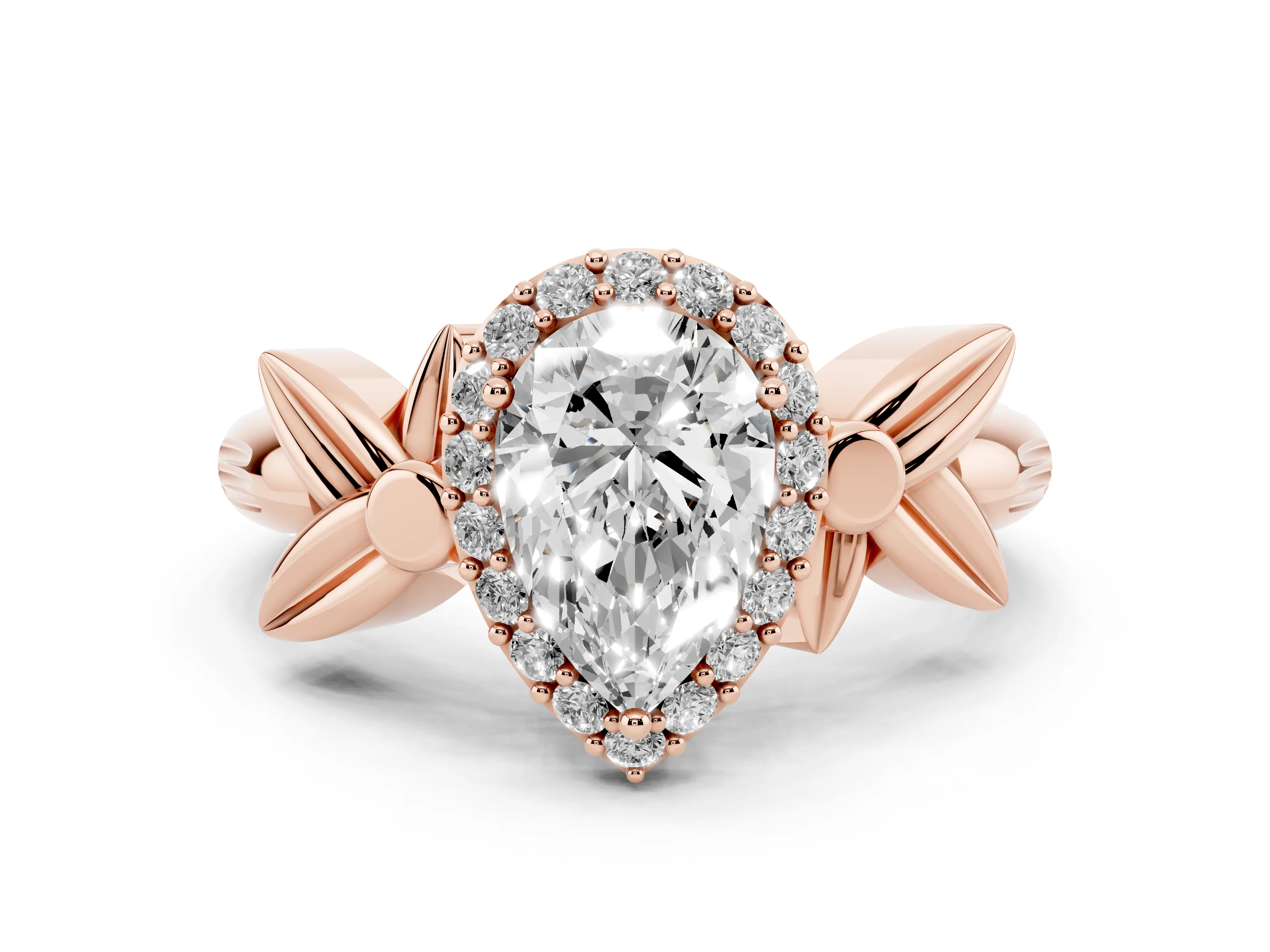 Pear Cut Diamond Halo Floral Band Ring Set in Rose gold with Prong Setting