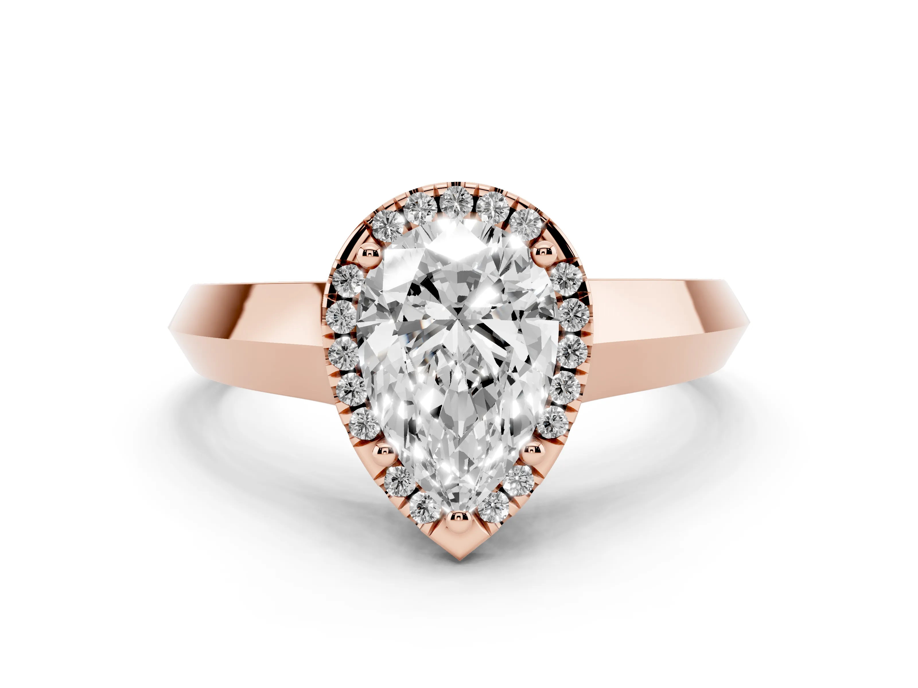 Pear Cut Diamond Halo Ring Set in Rose gold with Cathedral Band and Prong Setting