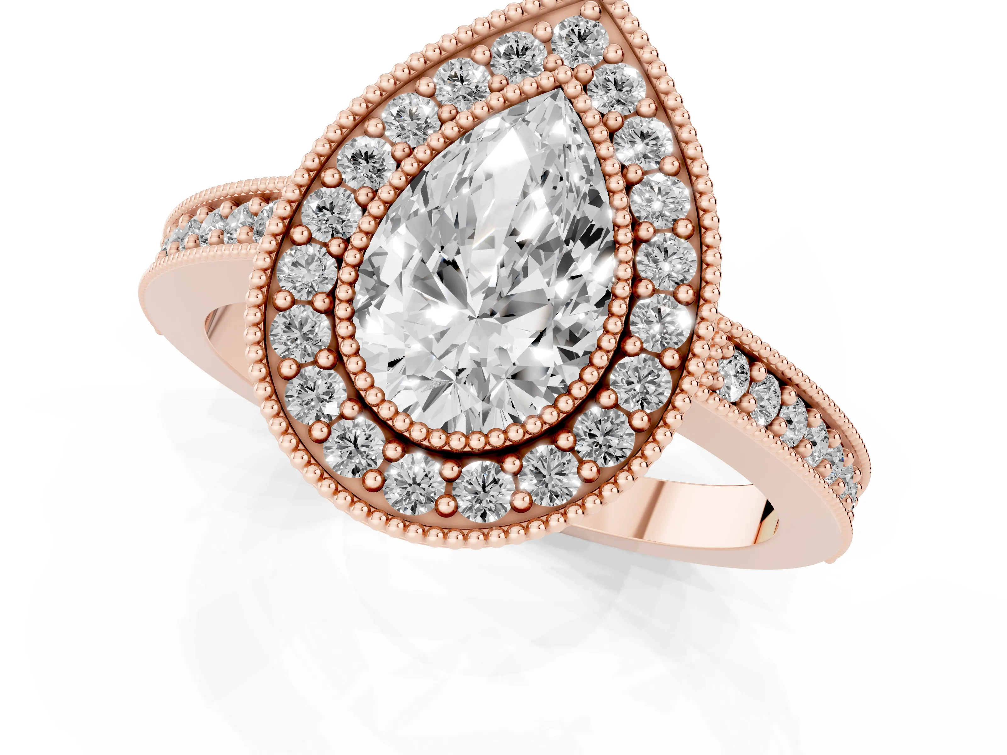 Pear Cut Diamond Halo Engagement Ring Set in Rose gold with Pavé Band and Round Halo Stones