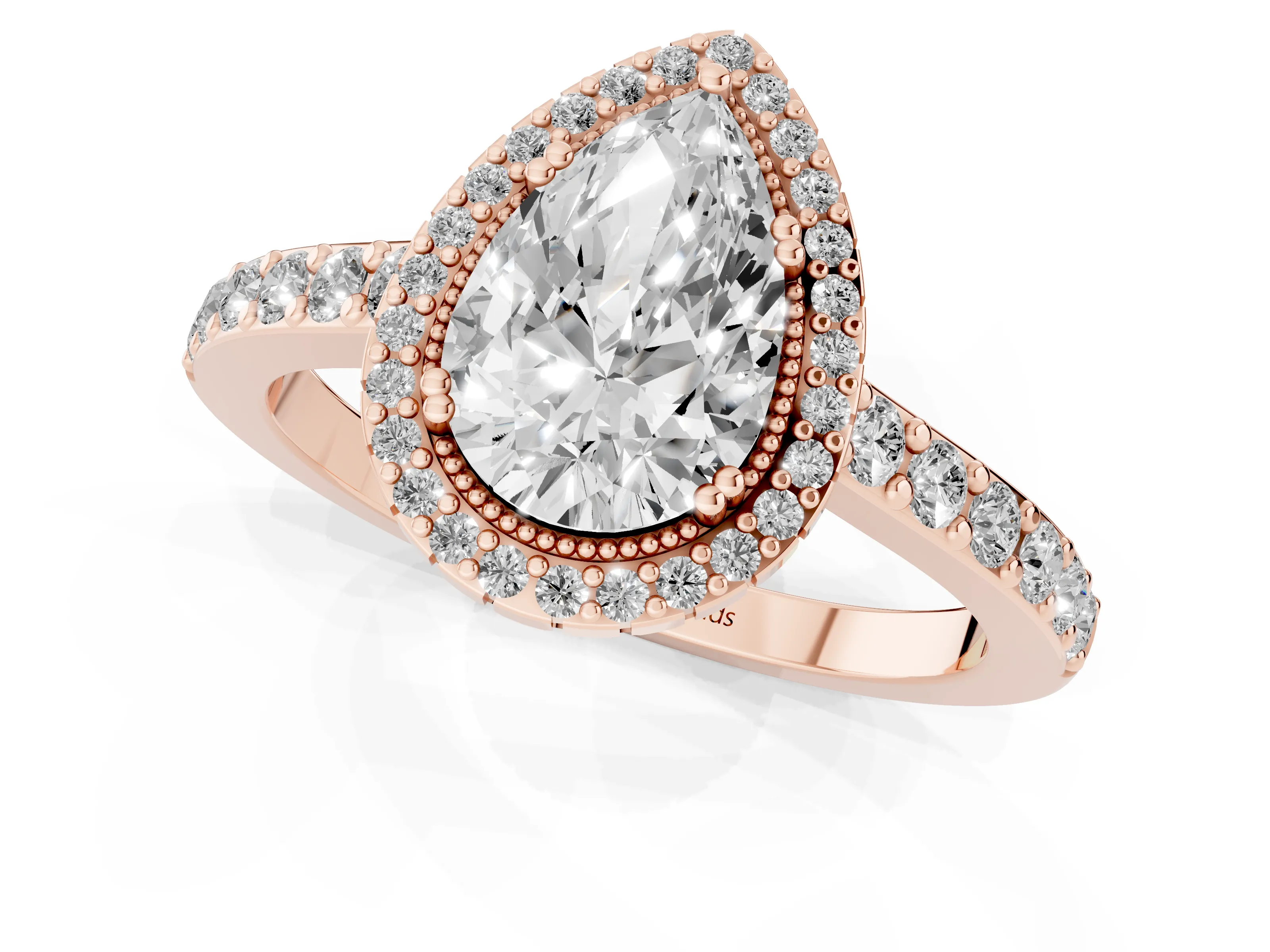Pear Cut Diamond Halo Engagement Ring Set in Rose gold with Milgrain Detail and Pavé Band