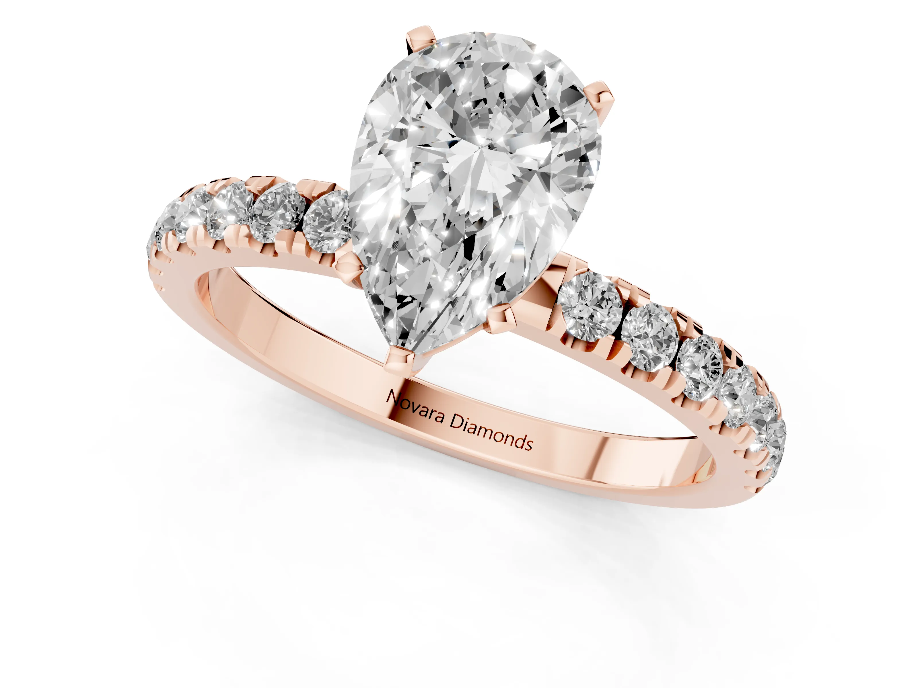 Pear Cut Diamond Solitaire Ring Set in Rose gold with Pavé Accents and Prong Setting