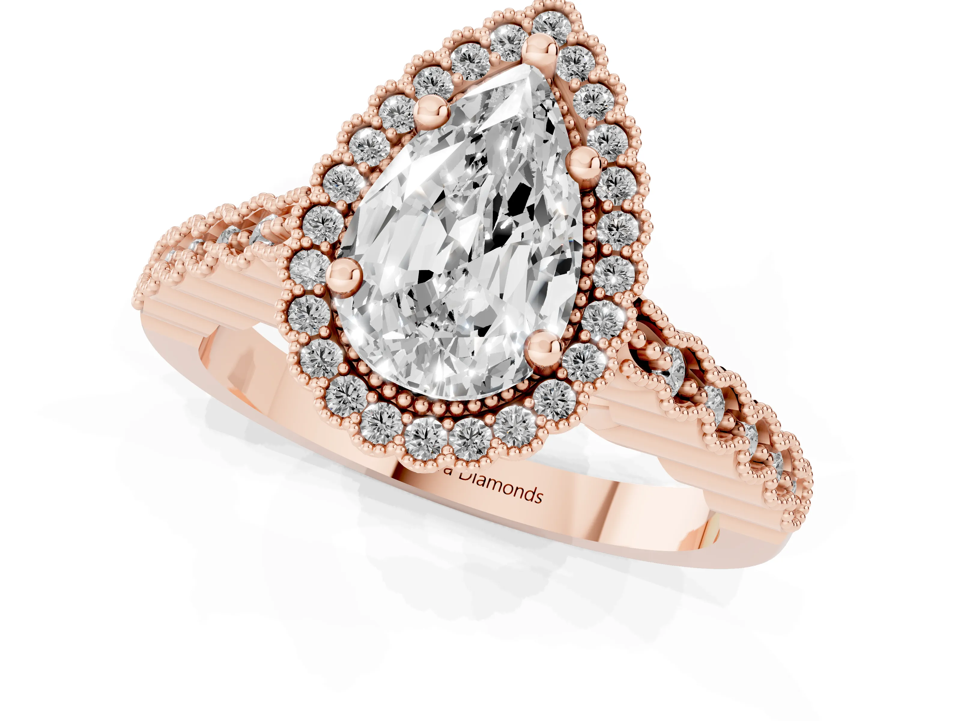 Pear Cut Diamond Halo Ring Set in Rose gold with Pavé Milgrain Band