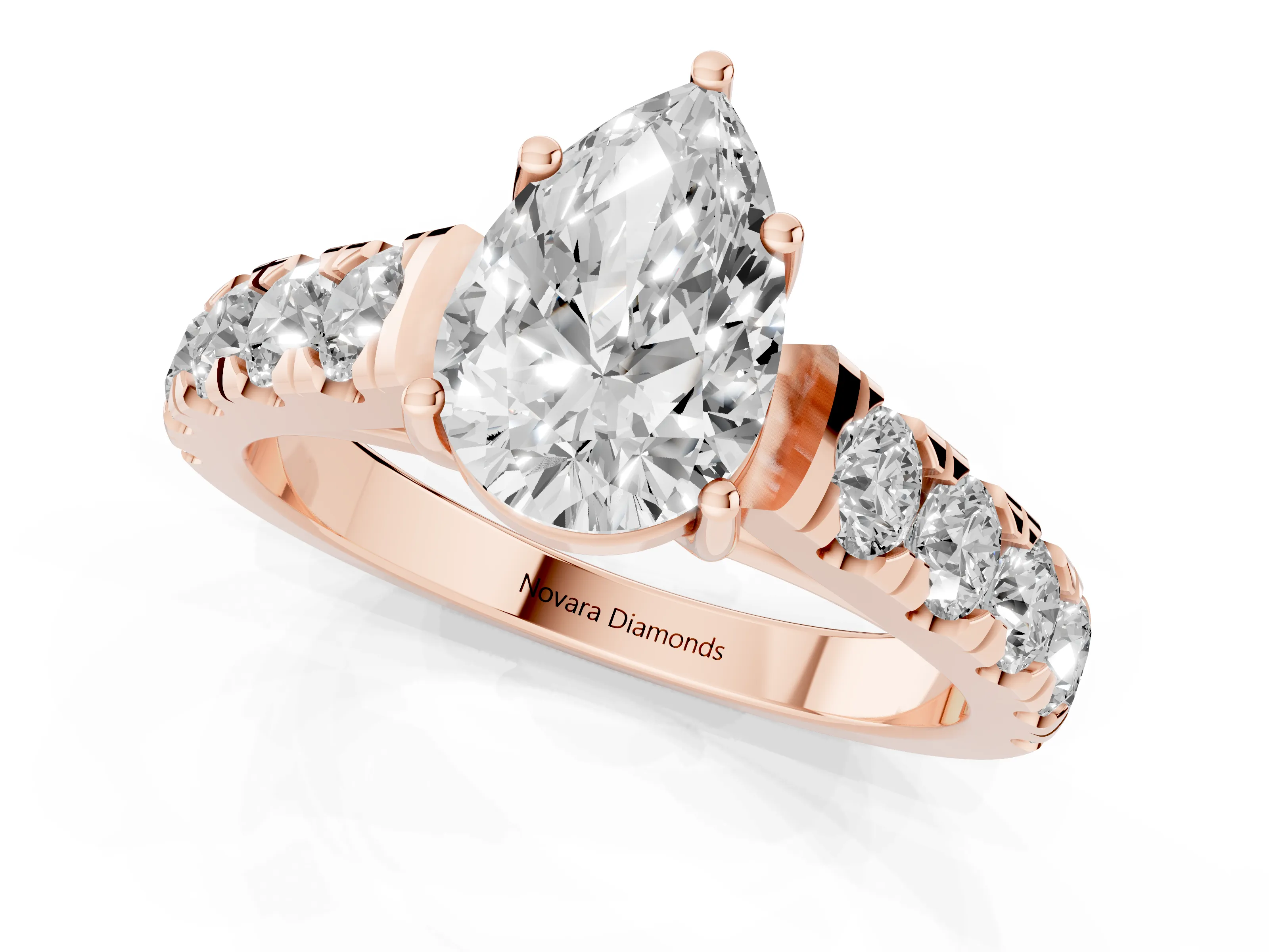 Pear Cut Diamond Solitaire Ring Set in Rose gold with Cut-Down Micro Pavé Band and Prong Setting