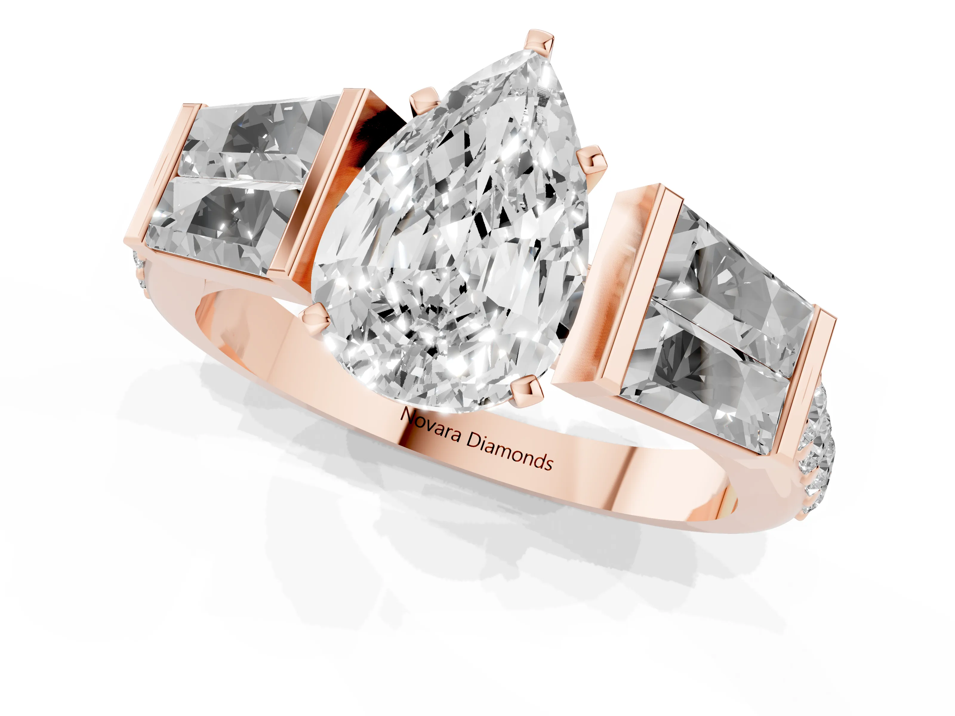 Pear Cut Diamond Engagement Ring Set in Rose gold with Baguette Side Stones and Channel Set Band