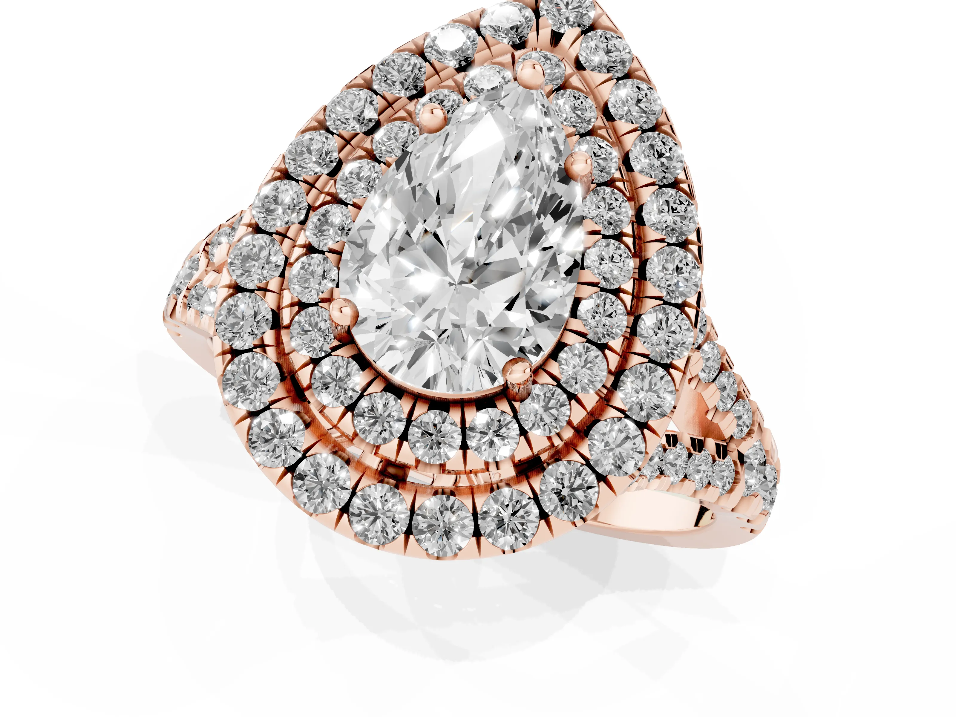 Pear Cut Diamond Double Halo Ring Set in Rose gold with Pavé Split Shank and Prong Setting