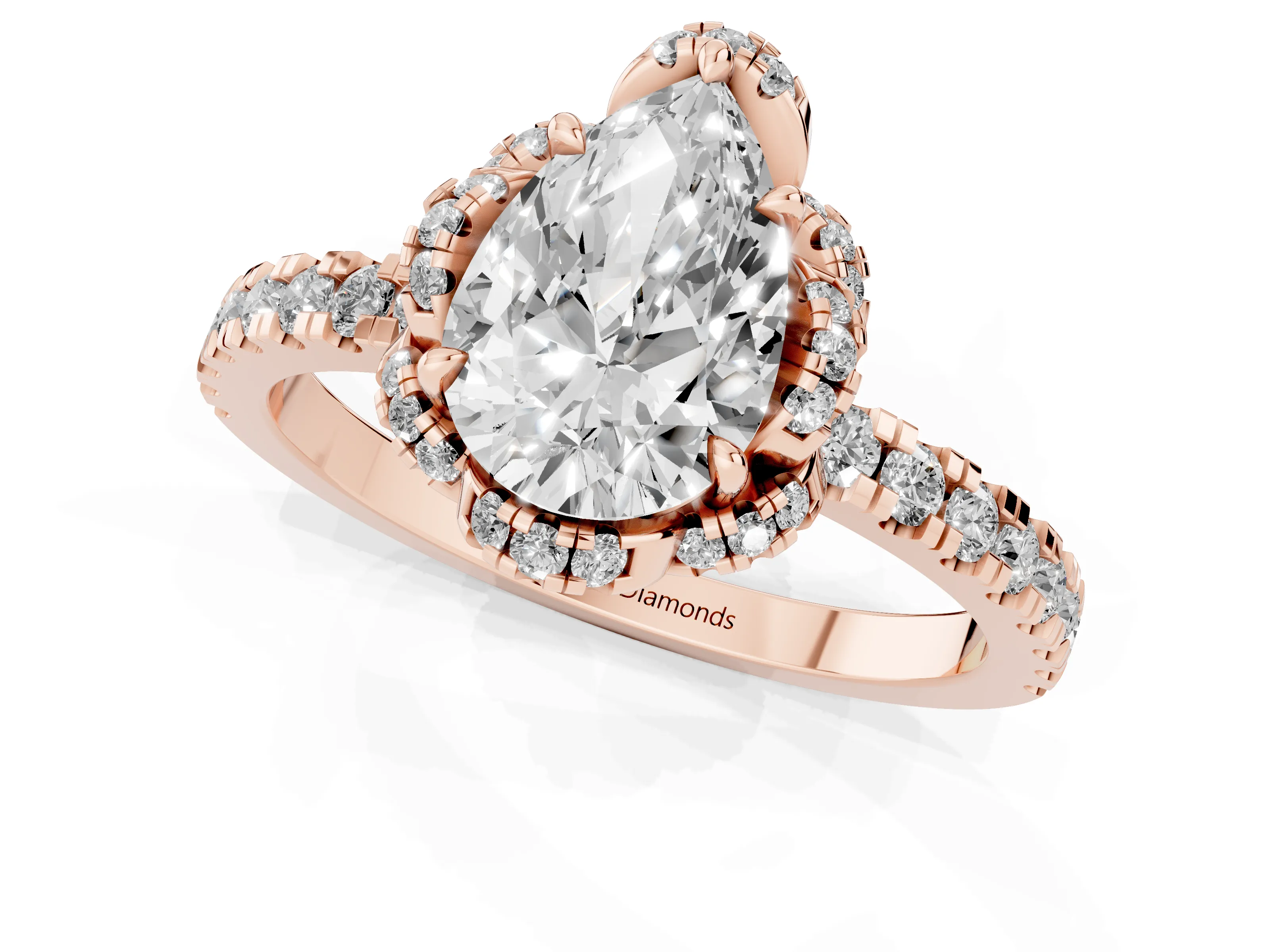 Pear Cut Diamond Halo Pavé Band Ring Set in Rose gold with Prong-Held Center