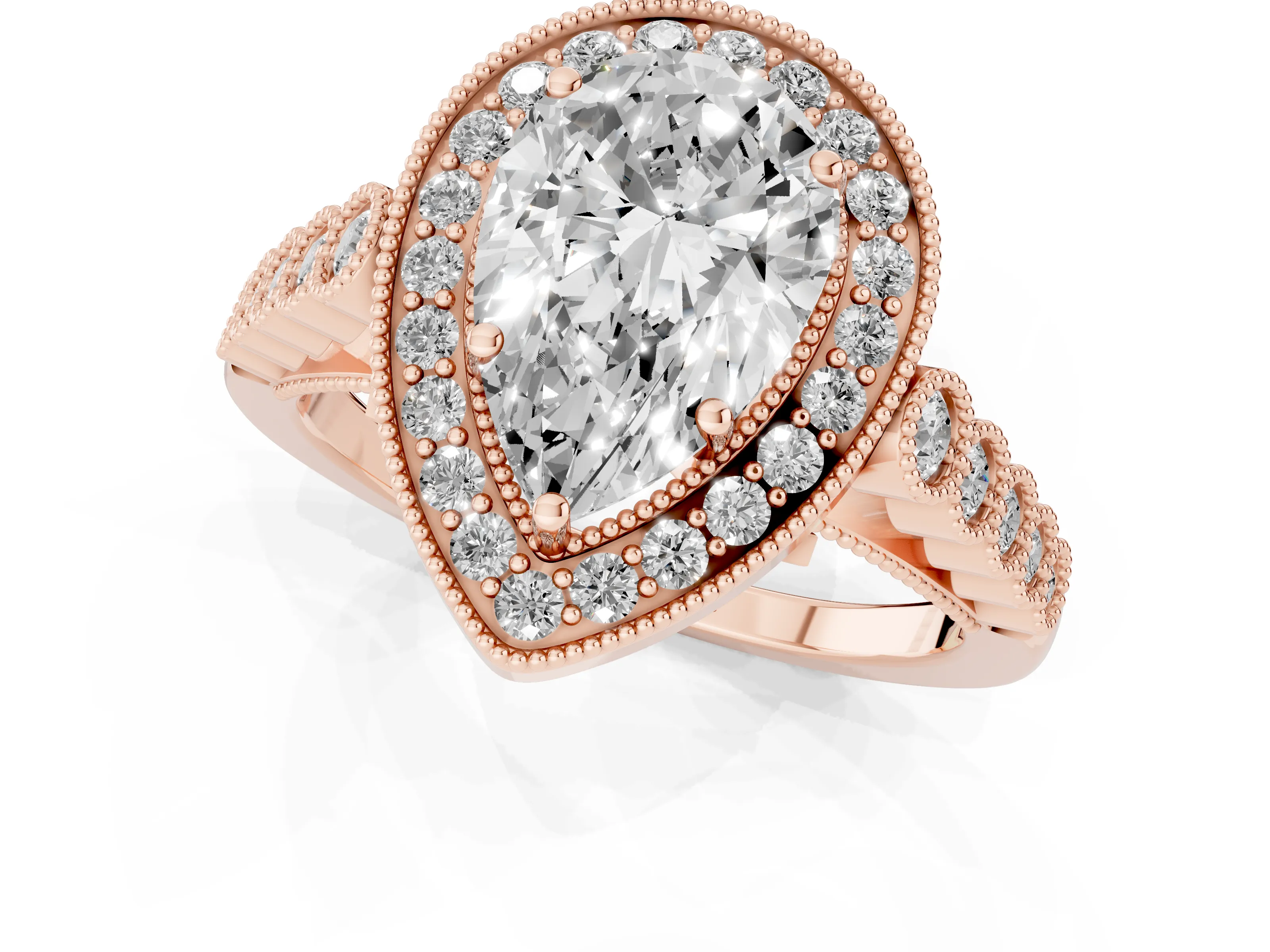 Pear Cut Diamond Milgrain Halo Solitaire Ring Set in Rose gold with Bezel Set Side Stones and Pavé Band