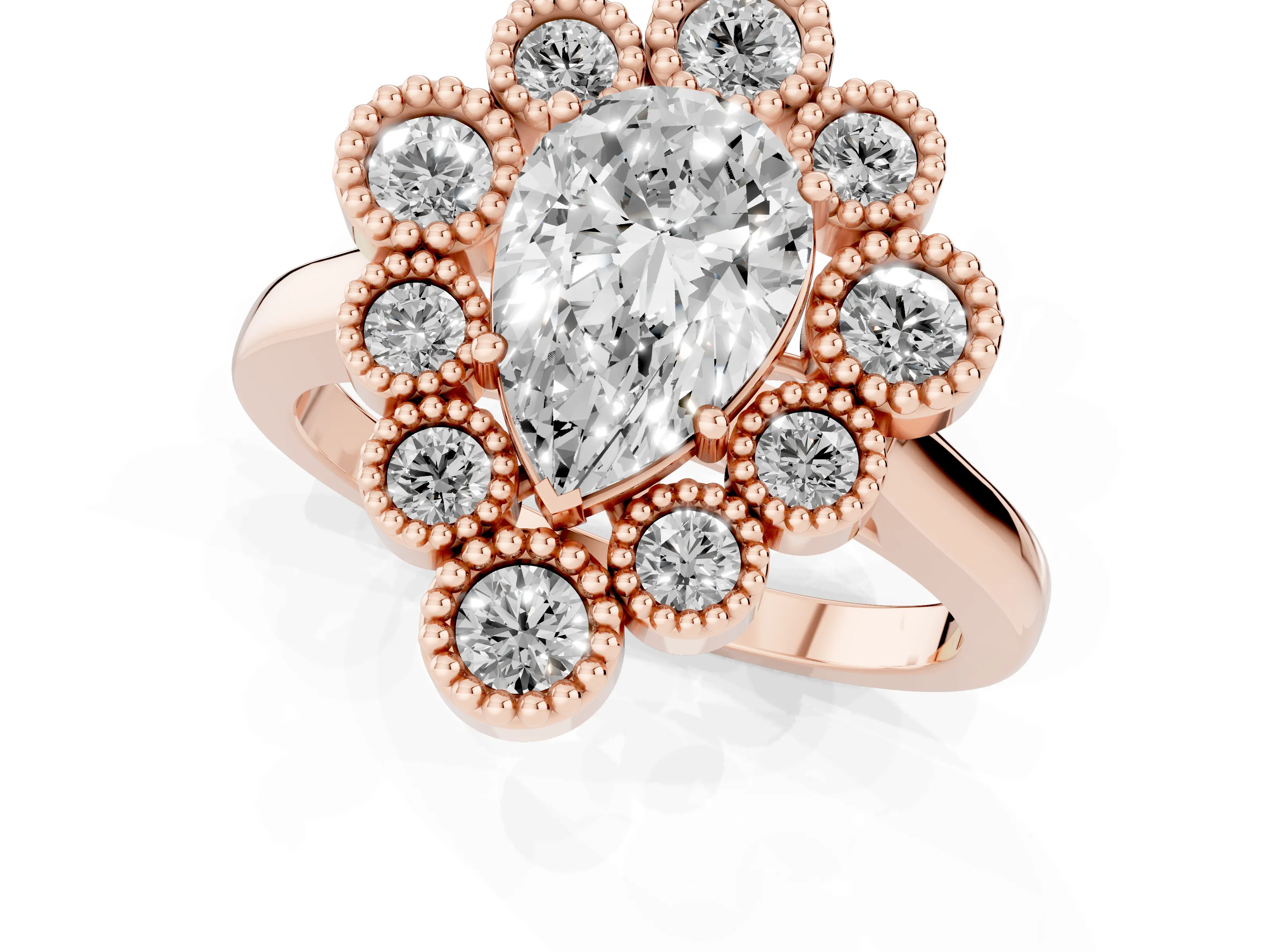 Pear Cut Diamond Cluster Halo Ring Set in Rose gold with Milgrain Bezel Accents and Plain Band