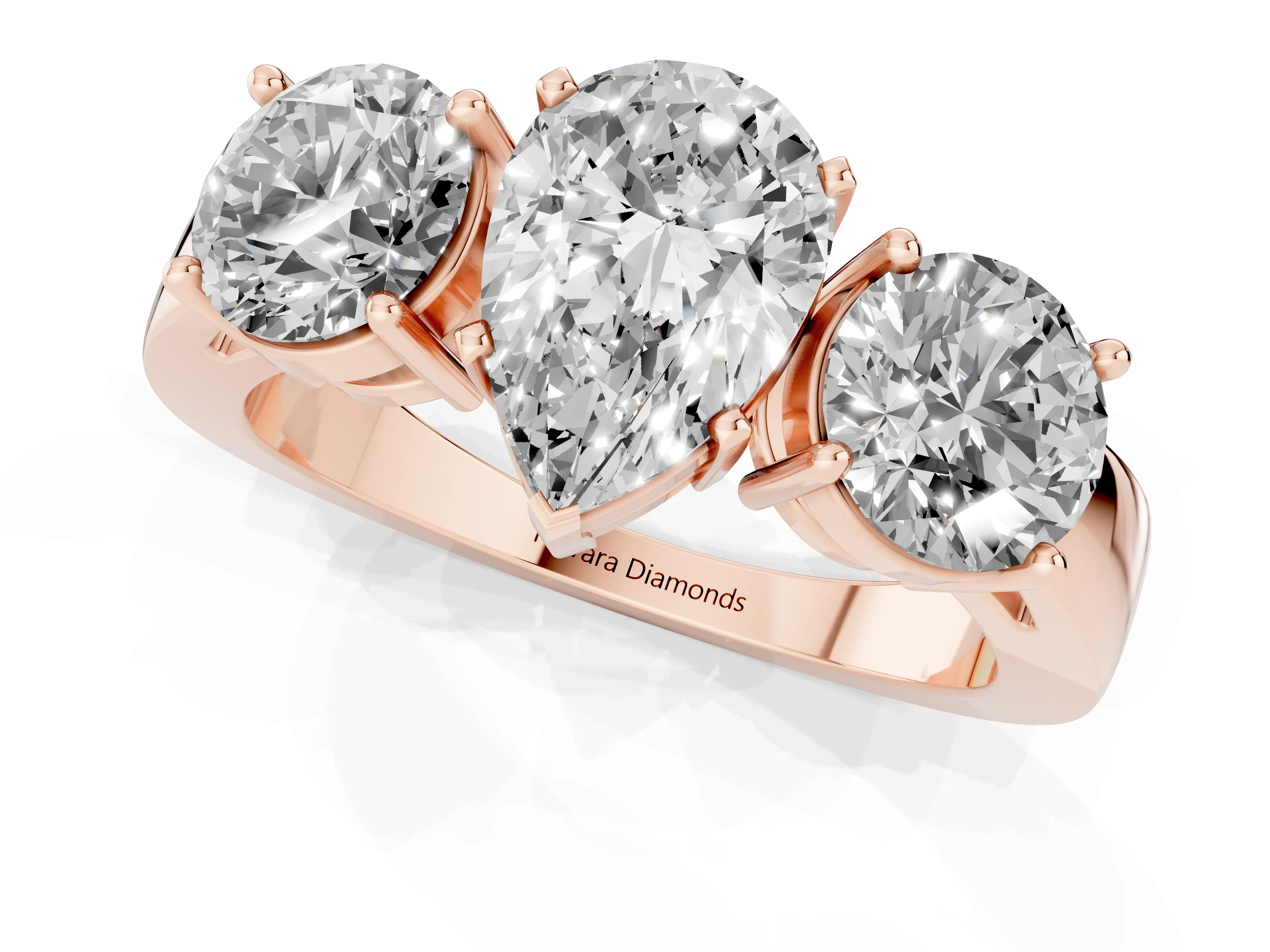 Pear Cut Diamond Three-Stone Ring Set in Rose gold with Round Side Stones and Classic Band – second view