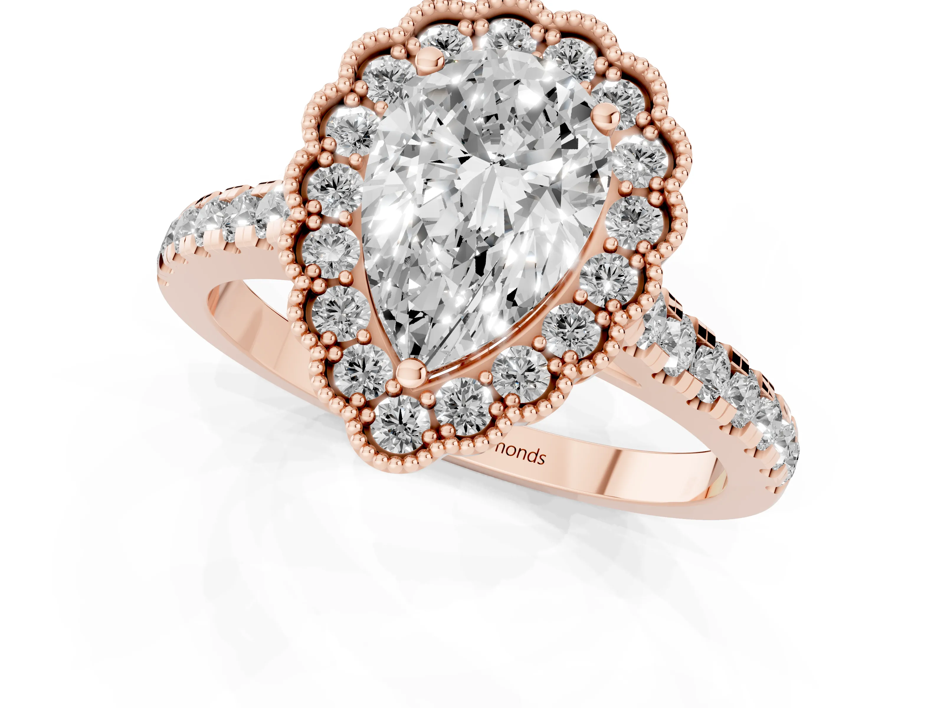 Pear Cut Diamond Milgrain Floral Halo Engagement Ring Set in Rose gold with Pavé Band