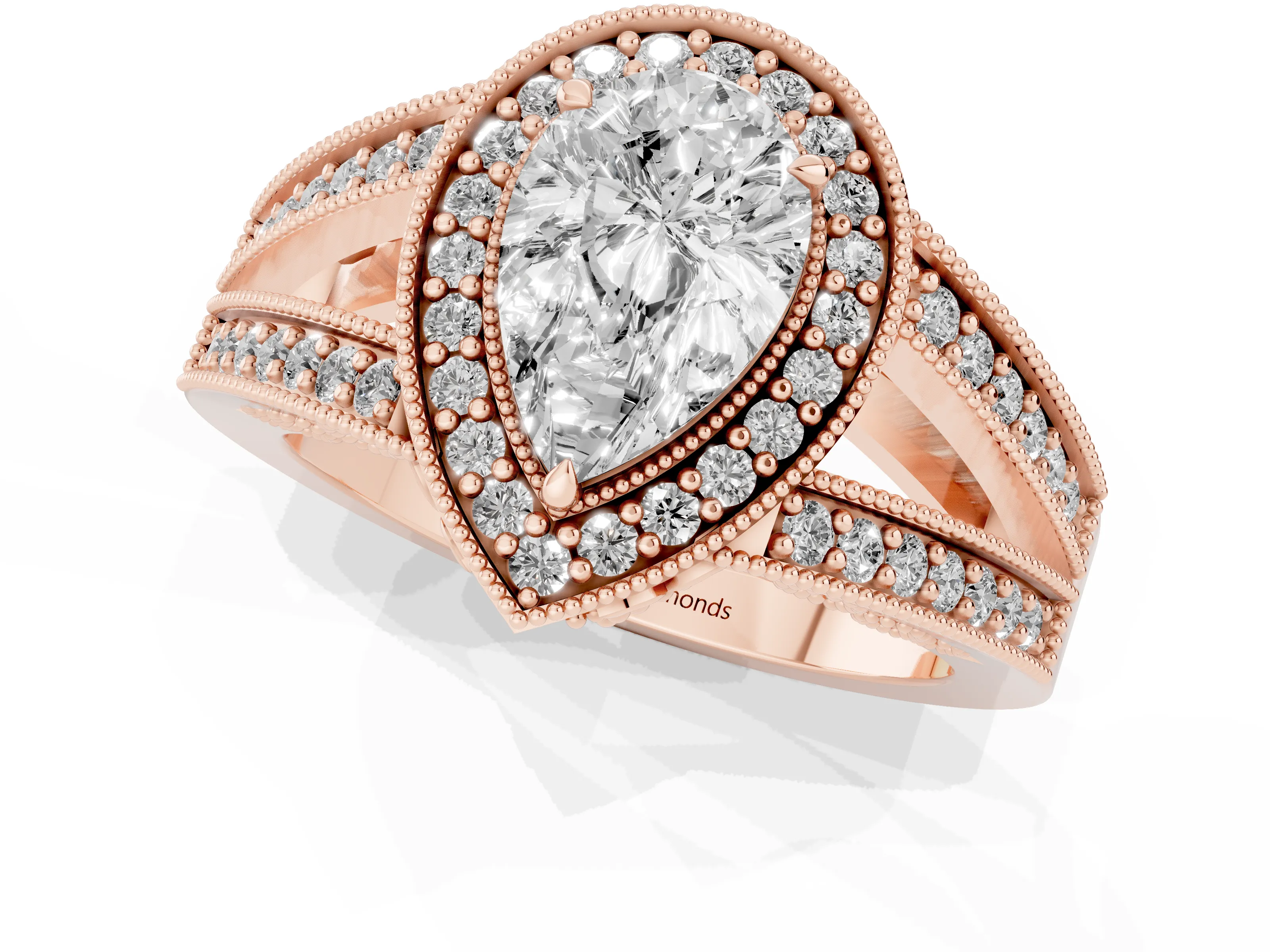 Pear Cut Diamond Halo Ring Set in Rose gold with Stone-Set Split Shank and Milgrain Edges