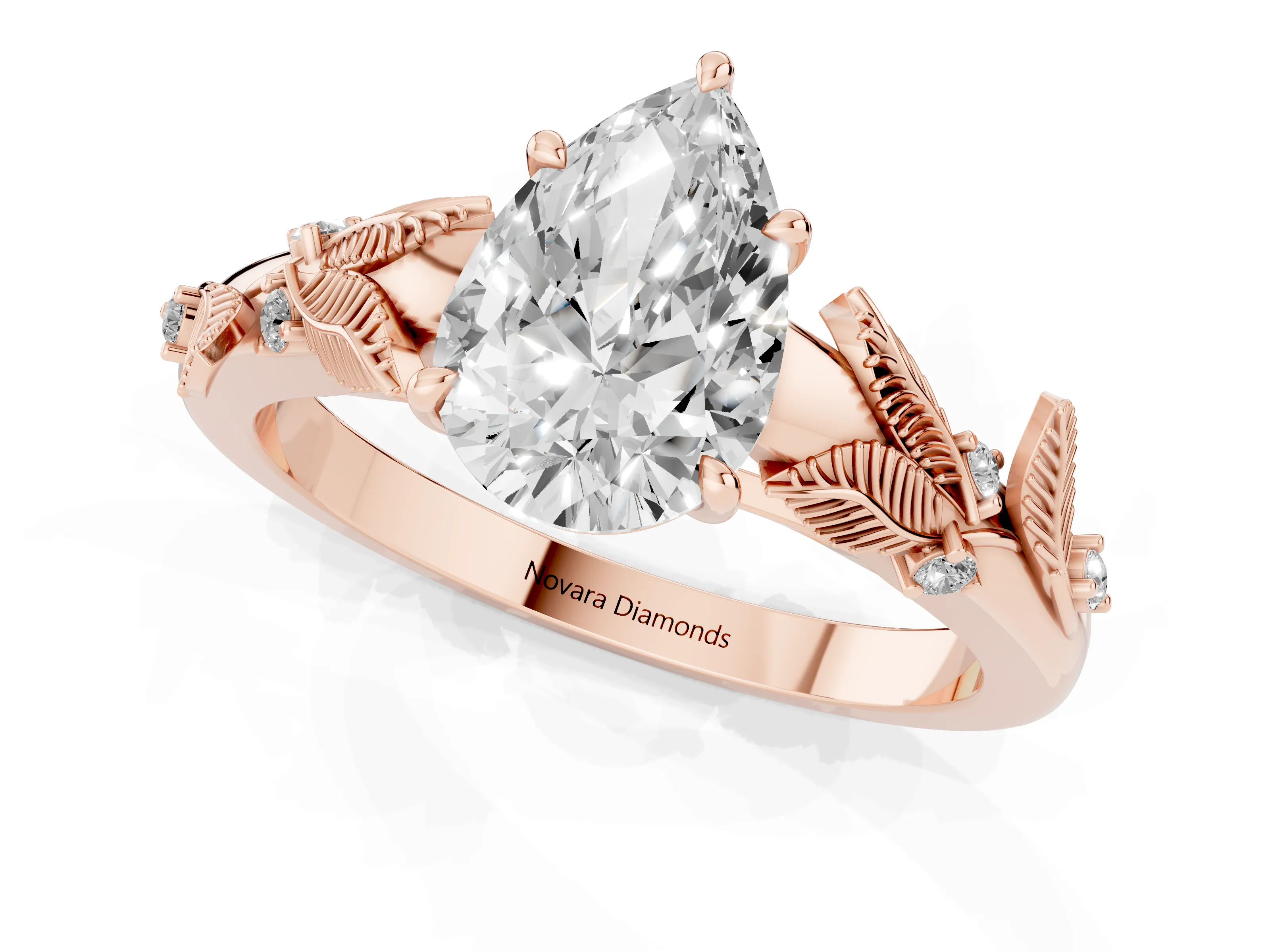 Pear Cut Diamond Solitaire Ring Set in Rose gold with Leaf Motif Band