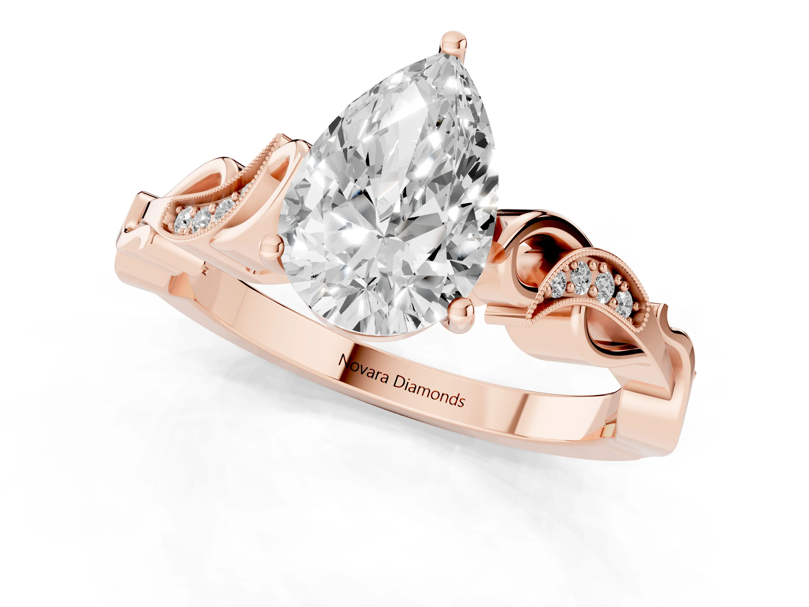 Pear Cut Diamond Vine Band Solitaire Ring Set in Rose gold with Milgrain Prong Setting