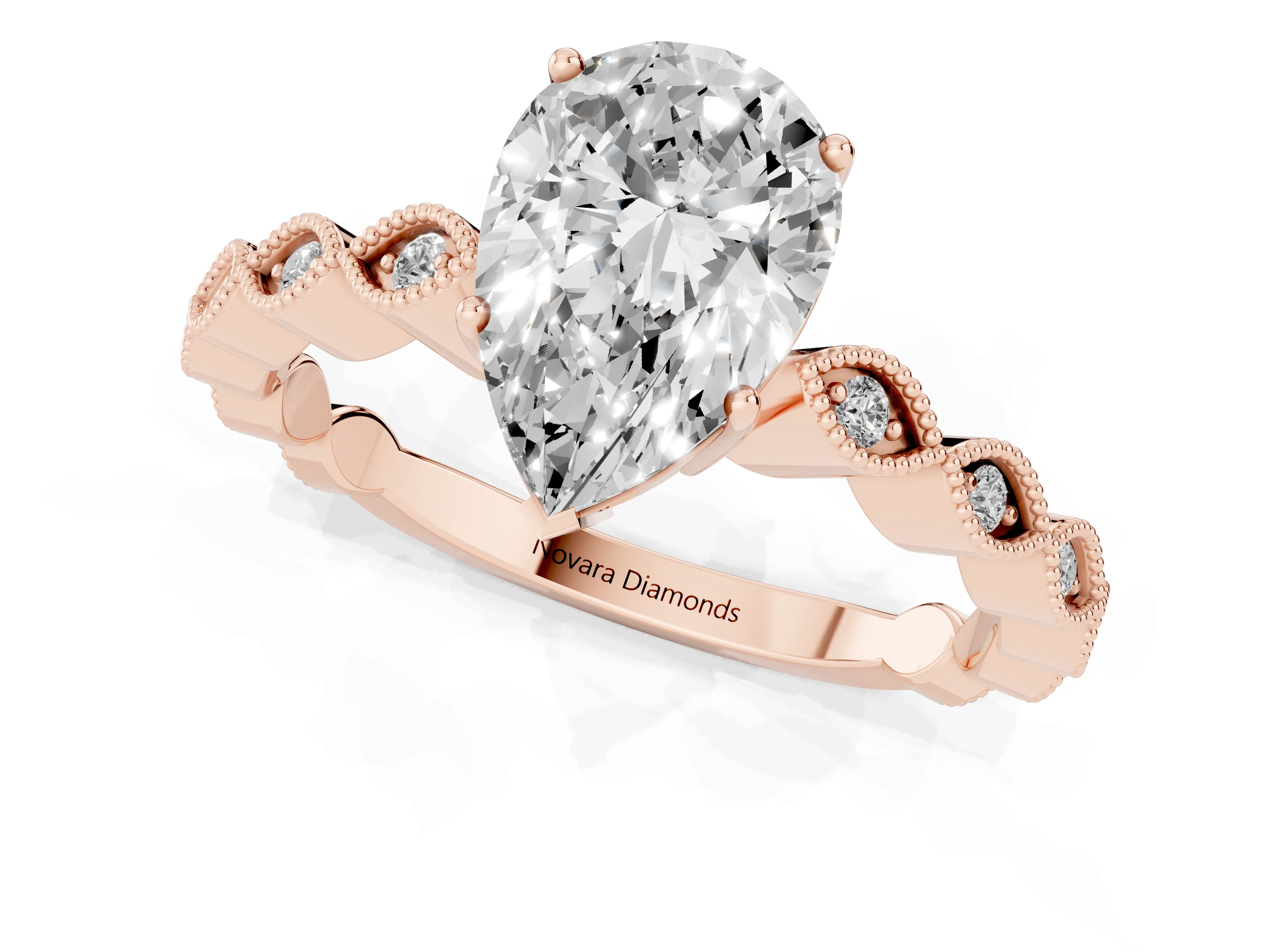 Pear Cut Diamond Solitaire Ring Set in Rose gold with Infinity Twist Pavé Band
