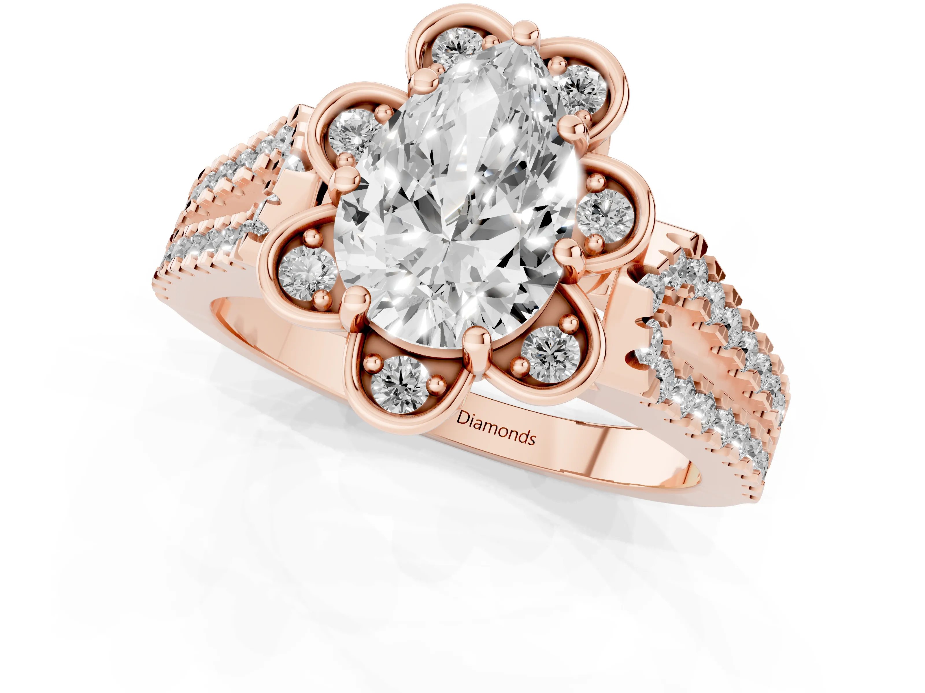 Pear Cut Diamond Floral Halo Split Shank Engagement Ring Set in Rose gold with Pavé Shank