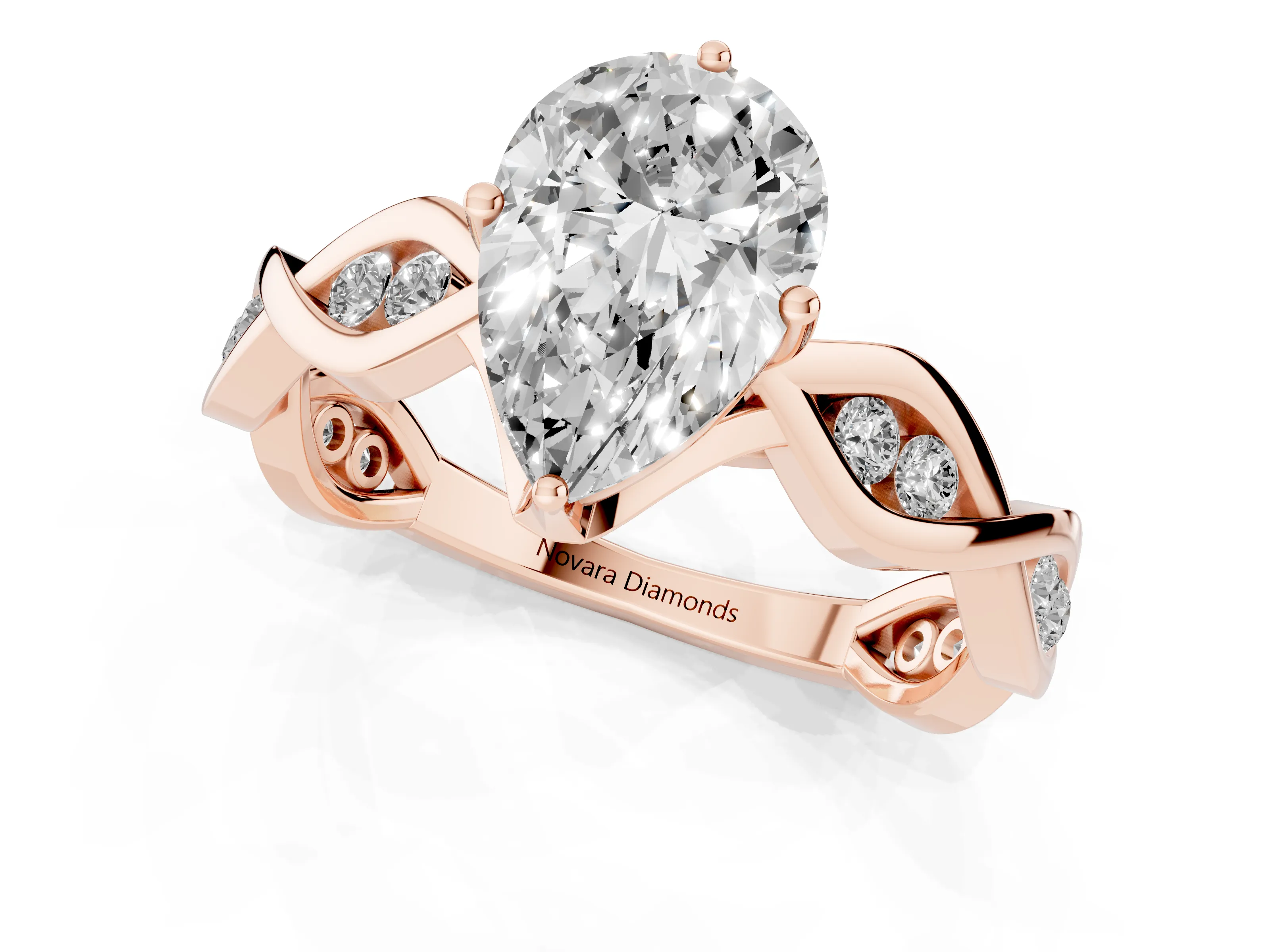 Pear Cut Diamond Twist Band Solitaire Ring Set in Rose gold with Leaf Prong Setting and Accent Stones