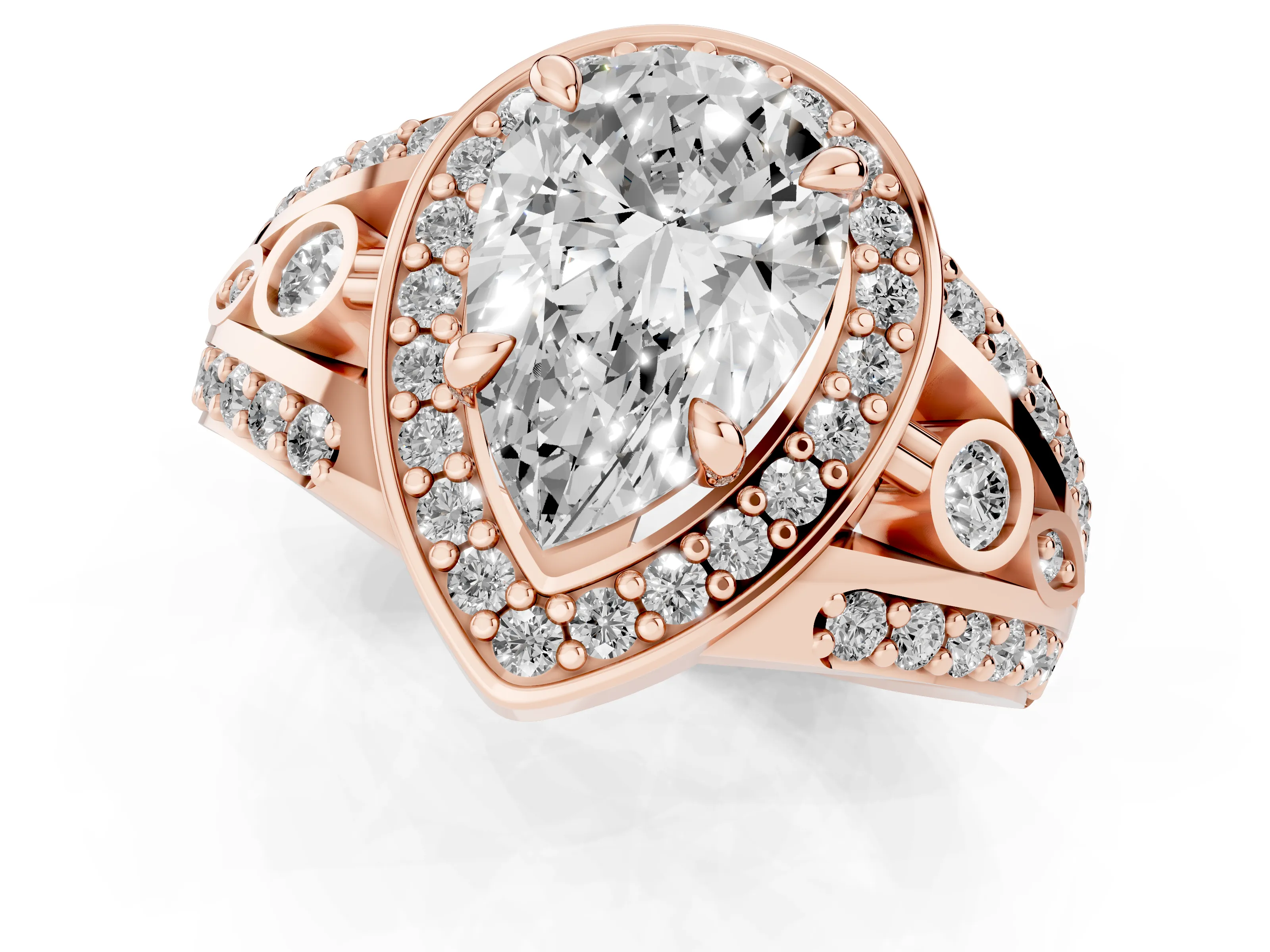 Pear Cut Diamond Halo Ring Set in Rose gold with Pavé Split Shank and Bezel Accents