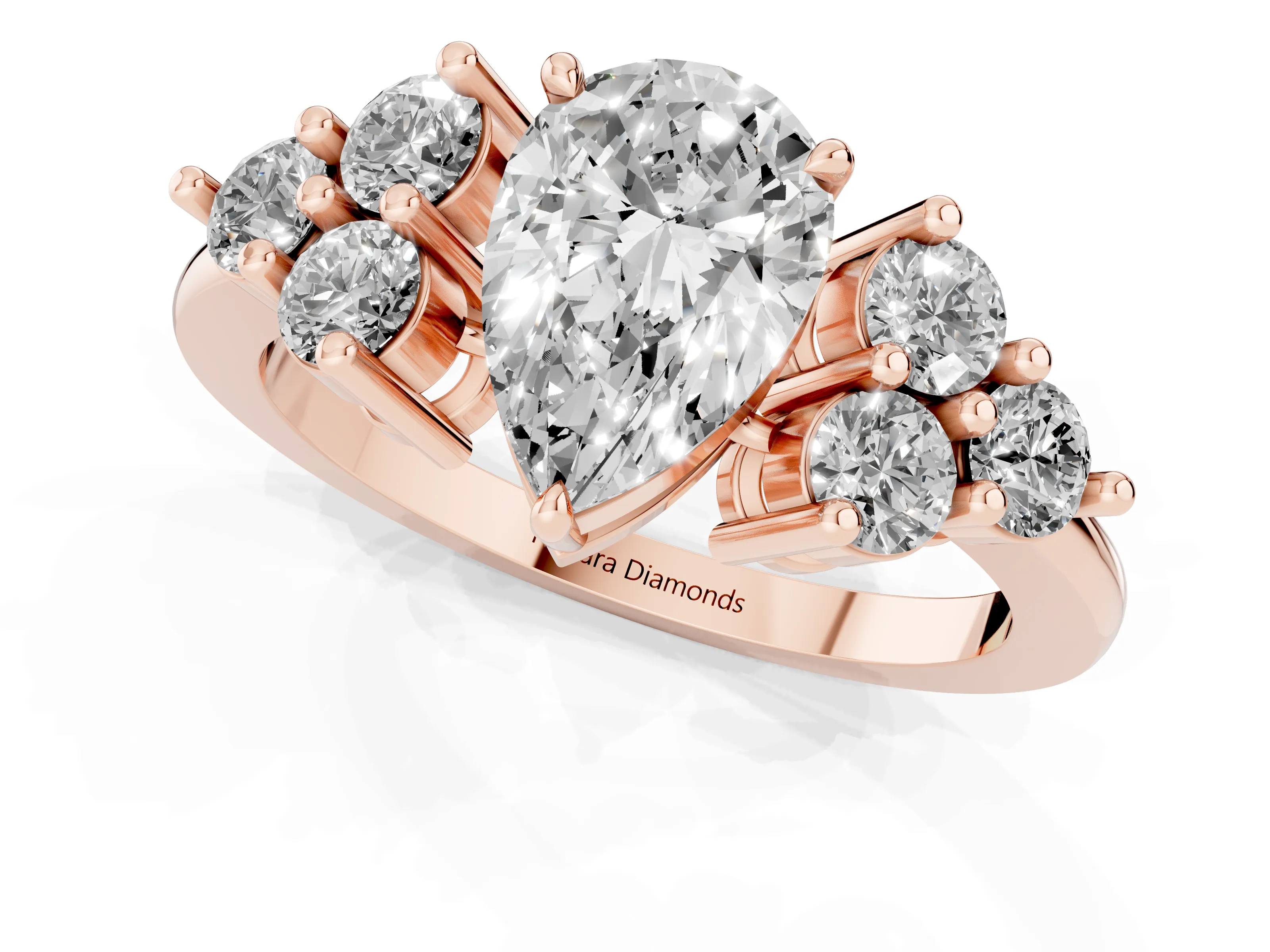 Pear Cut Diamond Solitaire Ring Set in Rose gold with Cluster Accents on Each Side