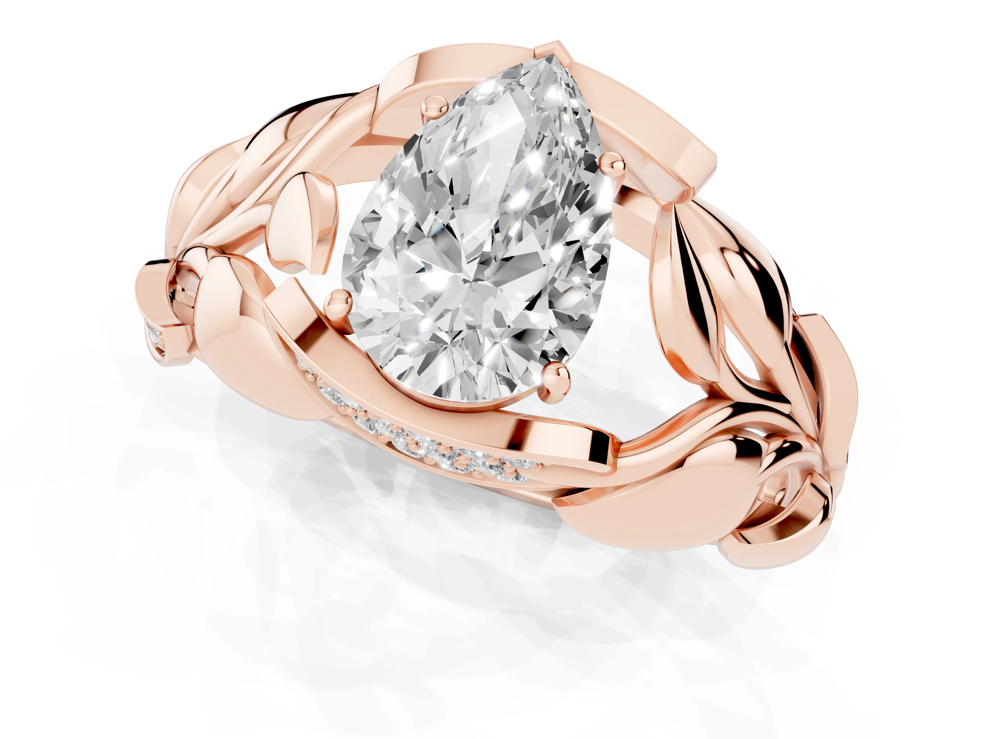 Pear Cut Diamond Leaf-Inspired Engagement Ring Set in Rose gold with Round Accents