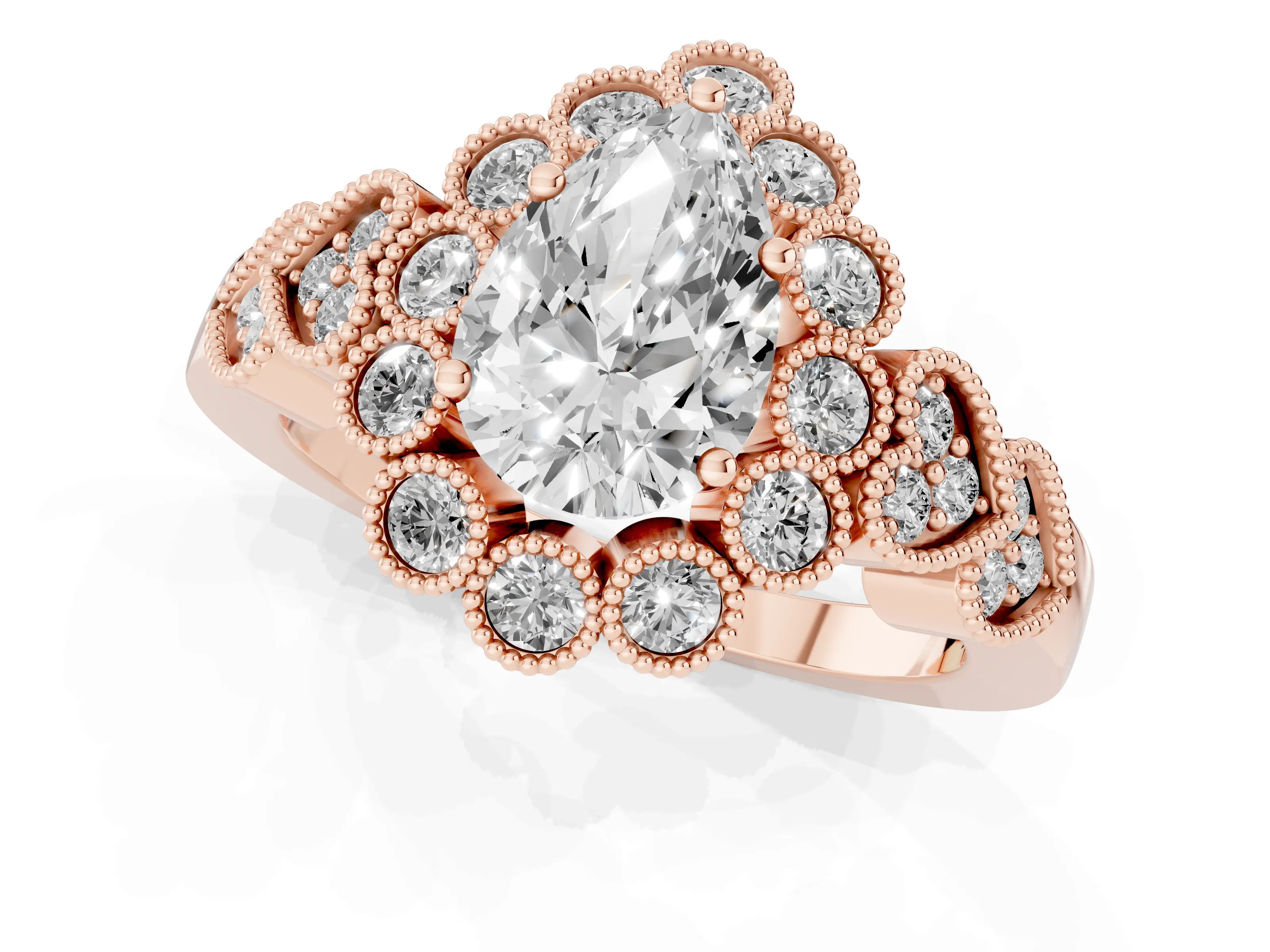 Pear Cut Diamond Solitaire Ring Set in Rose gold with Milgrain Pavé Heart Band