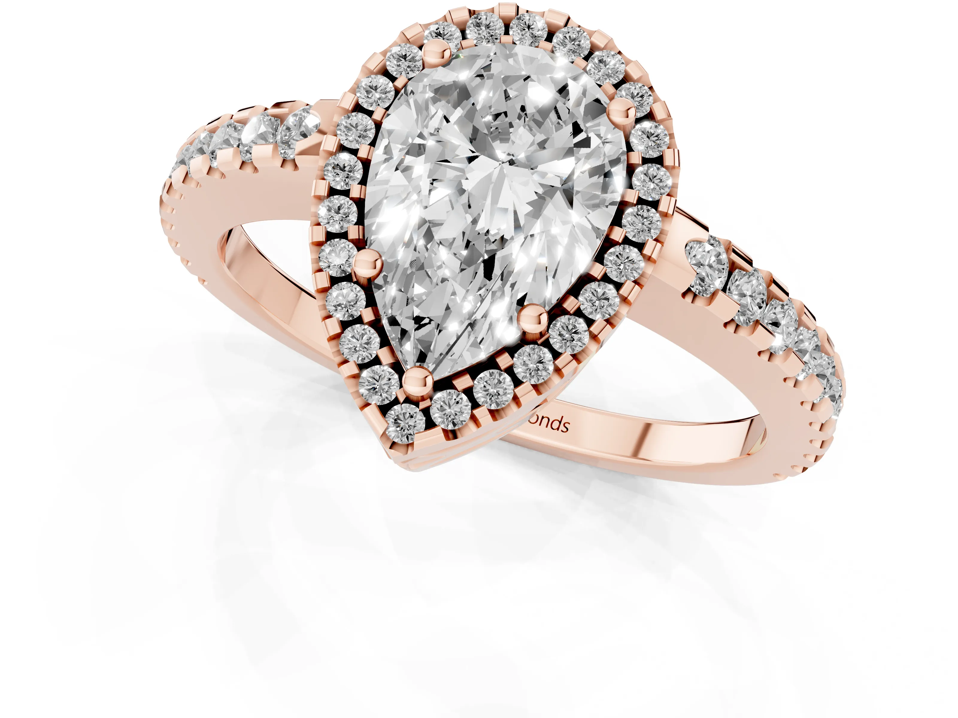 Pear Cut Diamond Halo Ring Set in Rose gold with Pavé Shoulders and Halo-Framed Center