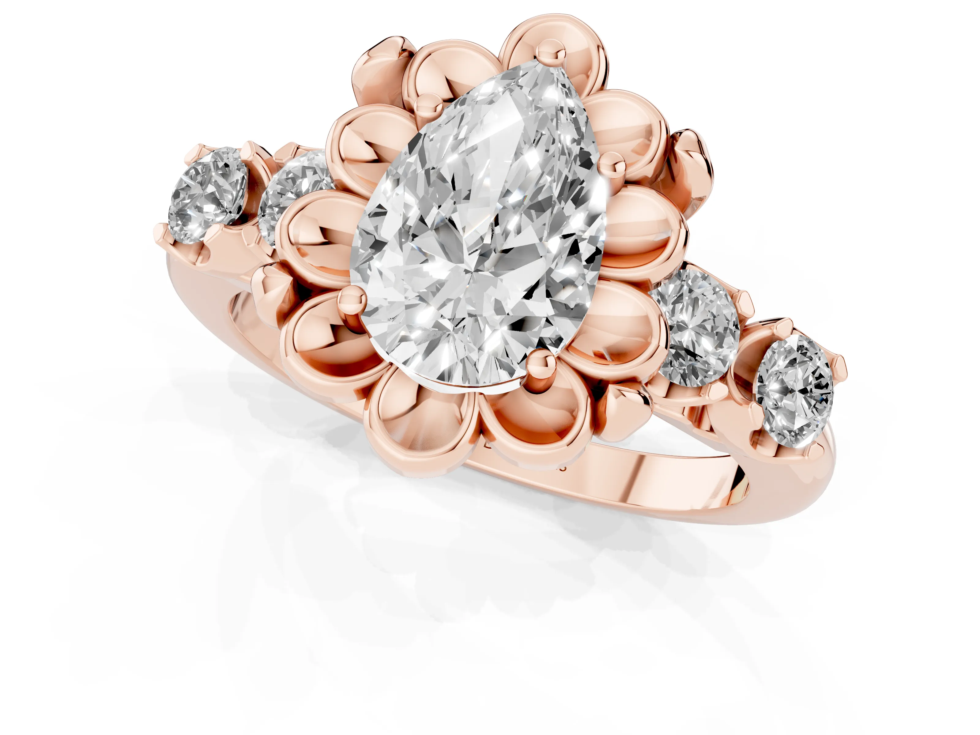 Pear Cut Diamond Floral Halo Ring Set in Rose gold with Shared Prong Band