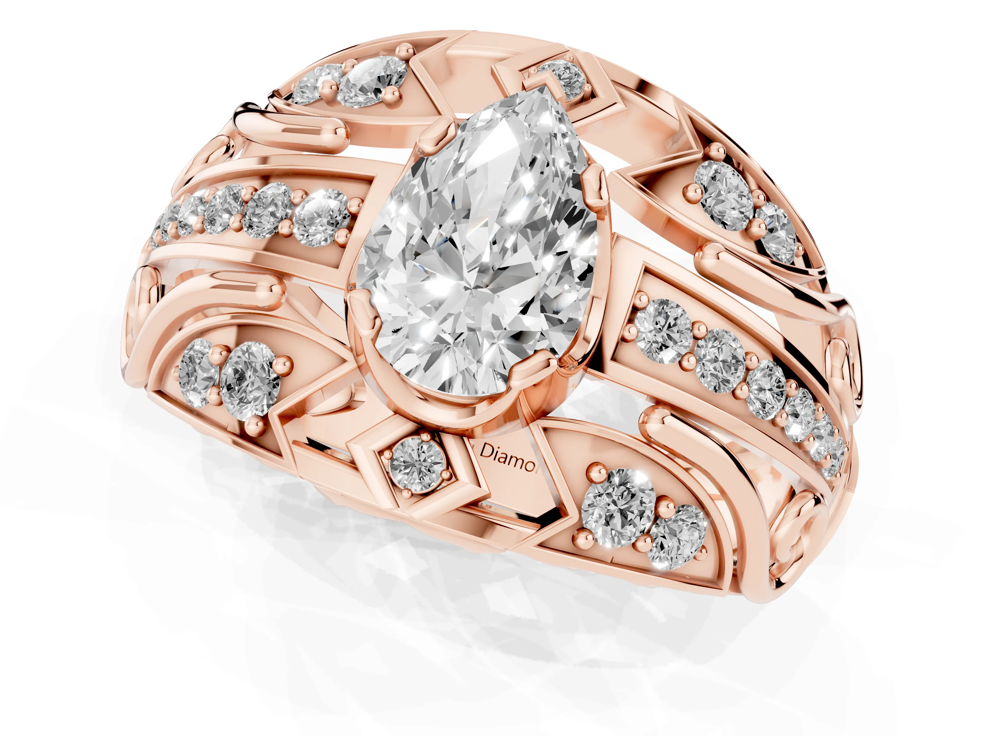 Pear Cut Diamond Art Deco Ring Set in Rose gold with Pavé Split Shank