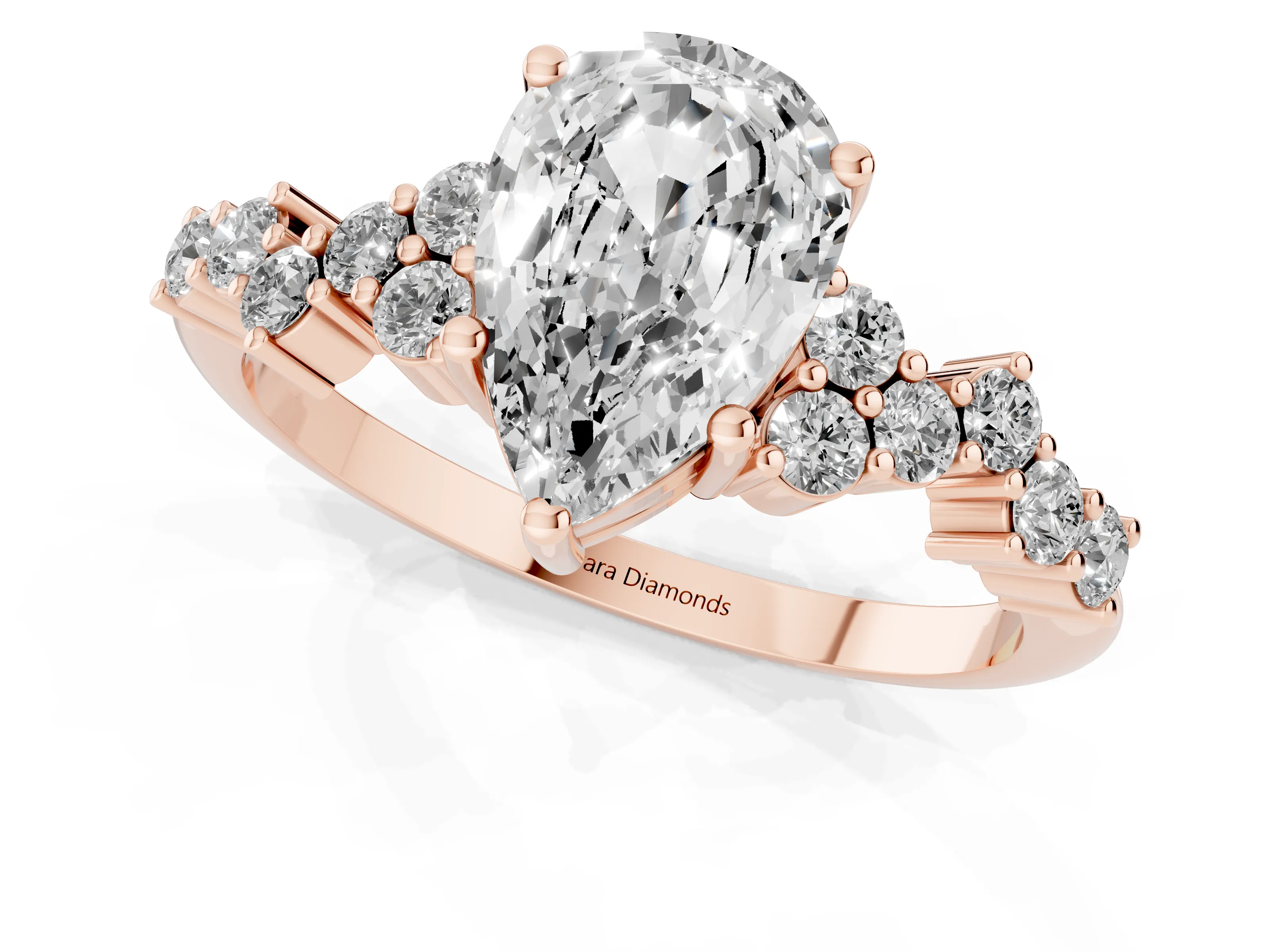 Pear Cut Diamond Ring Set in Rose gold with Scattered Round Accents