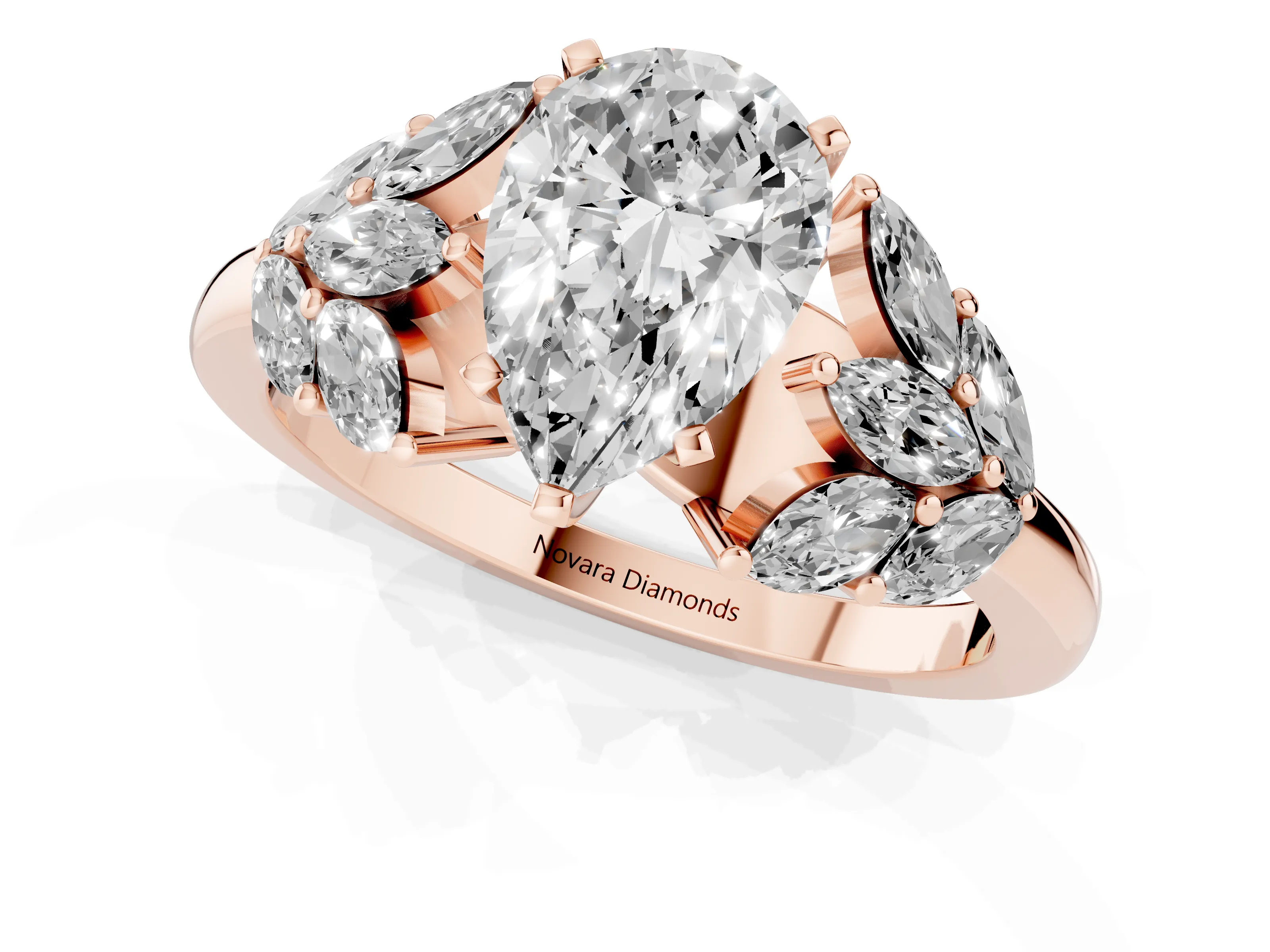 Pear Cut Diamond Cluster Leaf Design Ring Set in Rose gold with Prong Setting