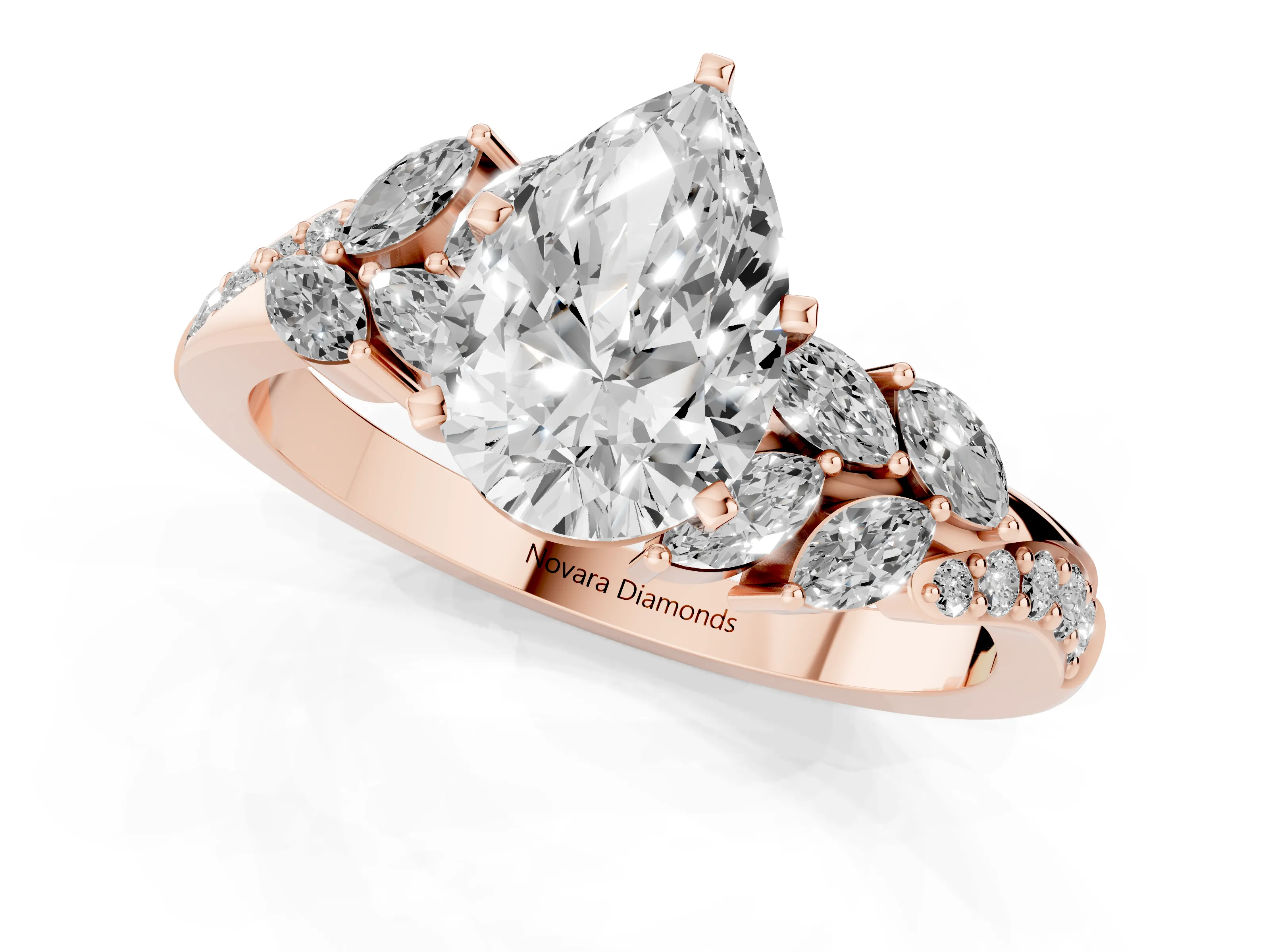 Pear Cut Diamond Solitaire Ring Set in Rose gold with Marquise Twist Band and Prong Setting