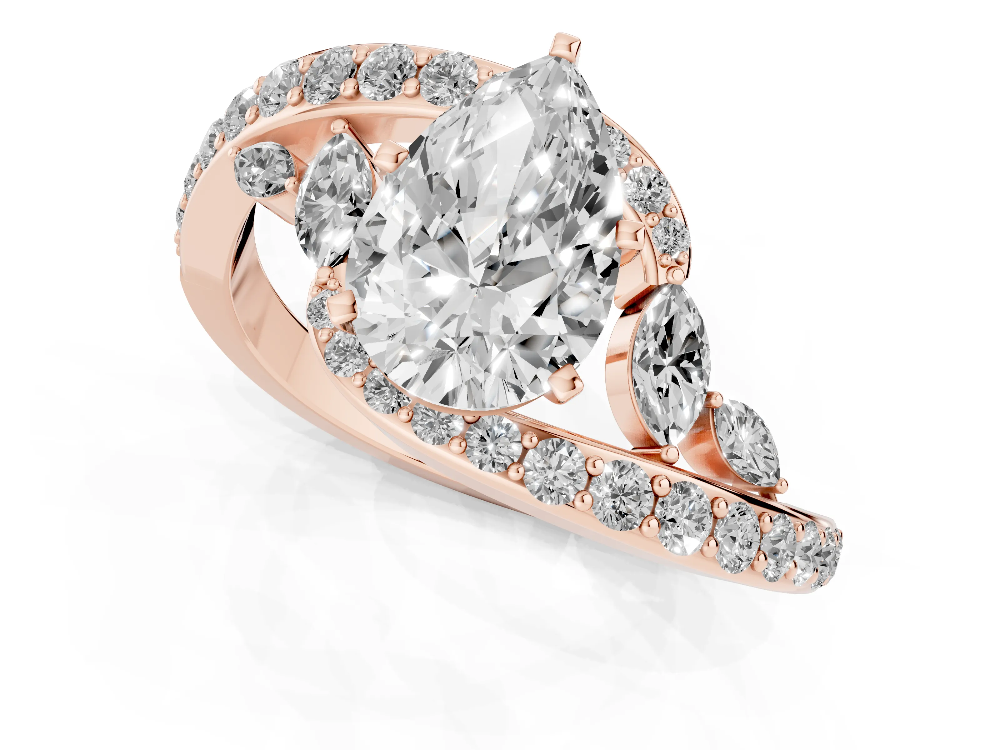 Pear Cut Diamond Solitaire Ring Set in Rose gold with Pavé Twist Band and Secure Prong Setting