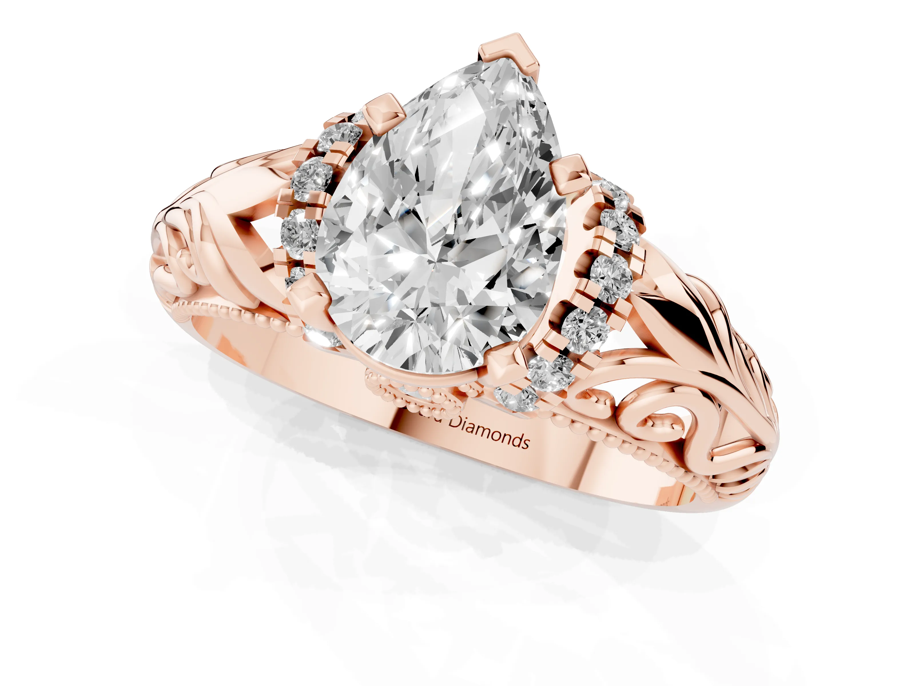 Pear Cut Diamond Filigree Halo Engagement Ring Set in Rose gold with Prong Setting